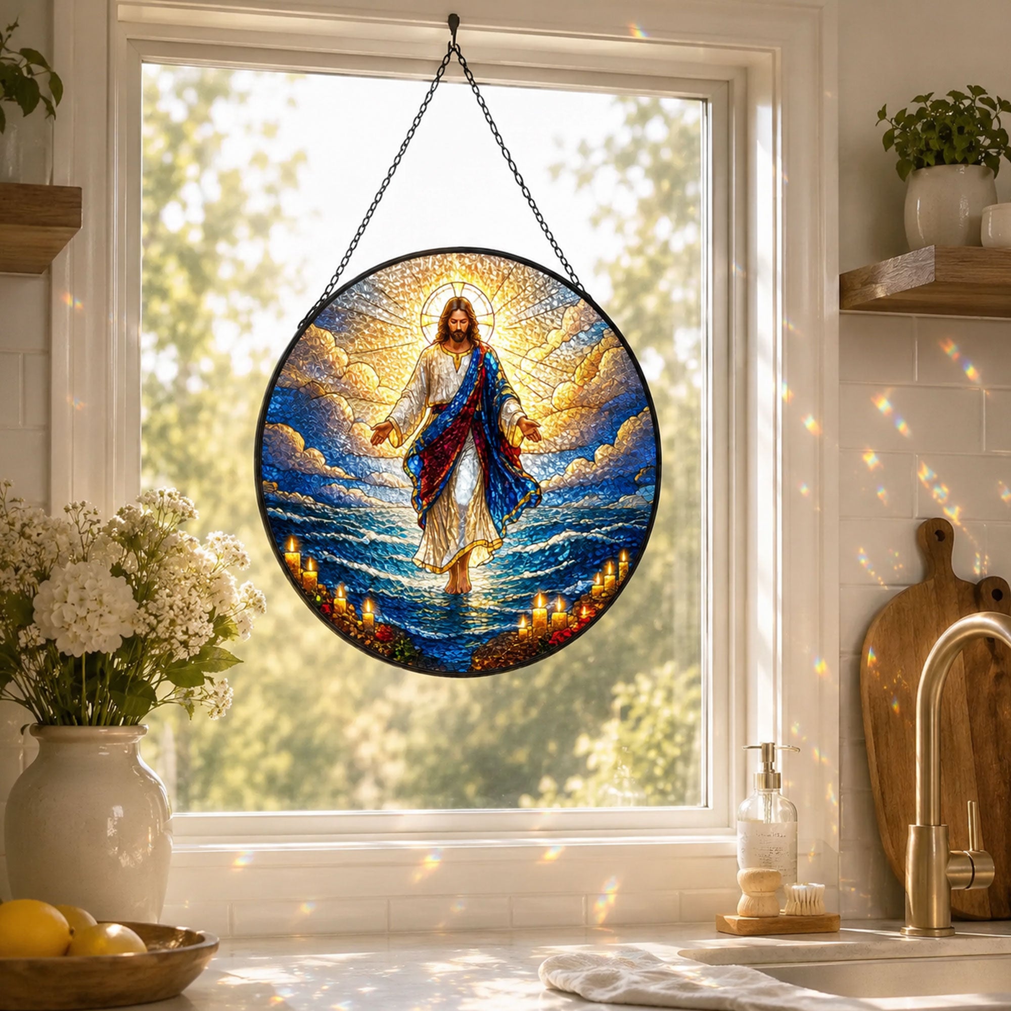 Jesus Walking on Water Suncatcher, Christian Window Hanging, Faith and Hope Gift