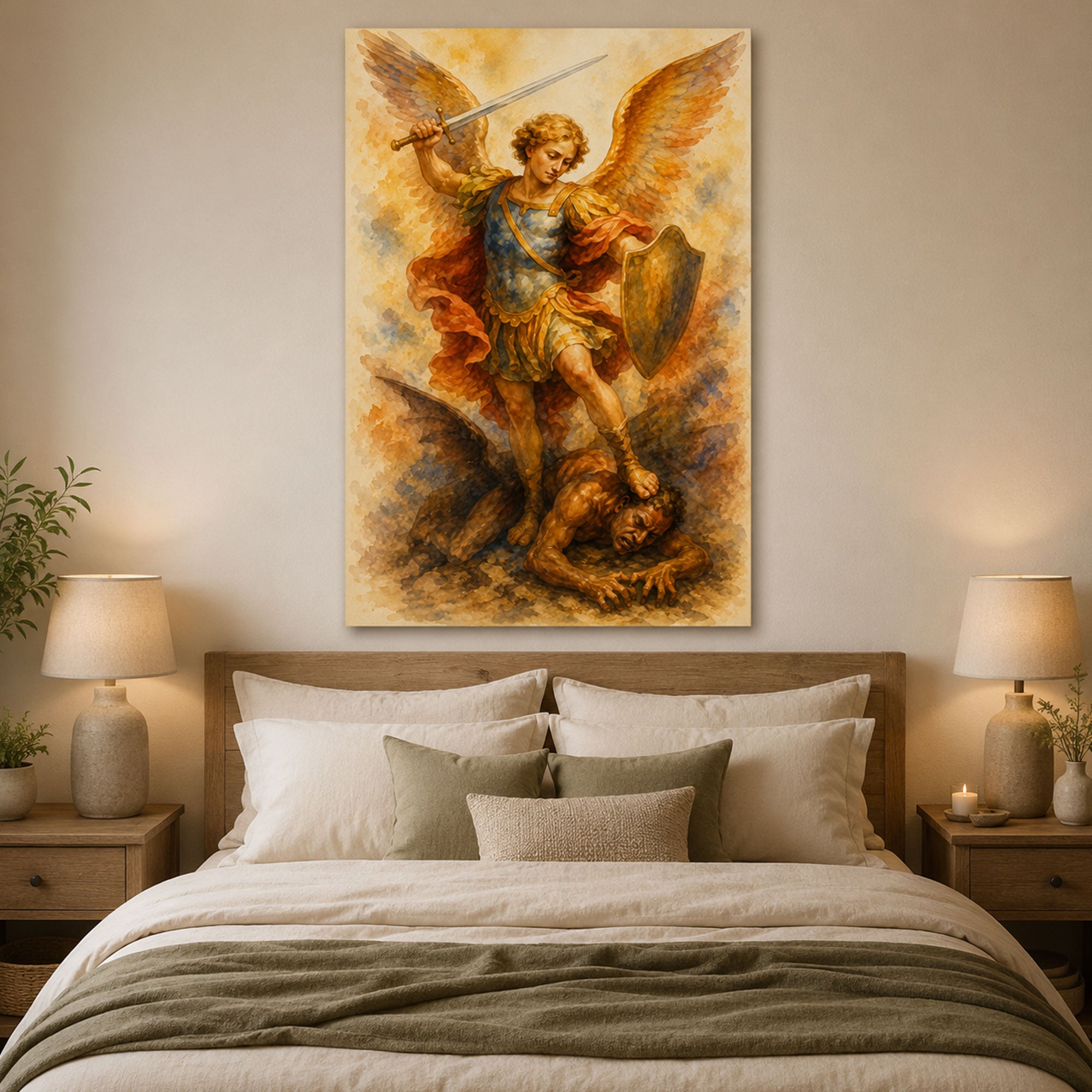 Saint Michael Archangel Canvas Print, Defeating Evil Catholic Wall Art, Guardian Faith Home Decor