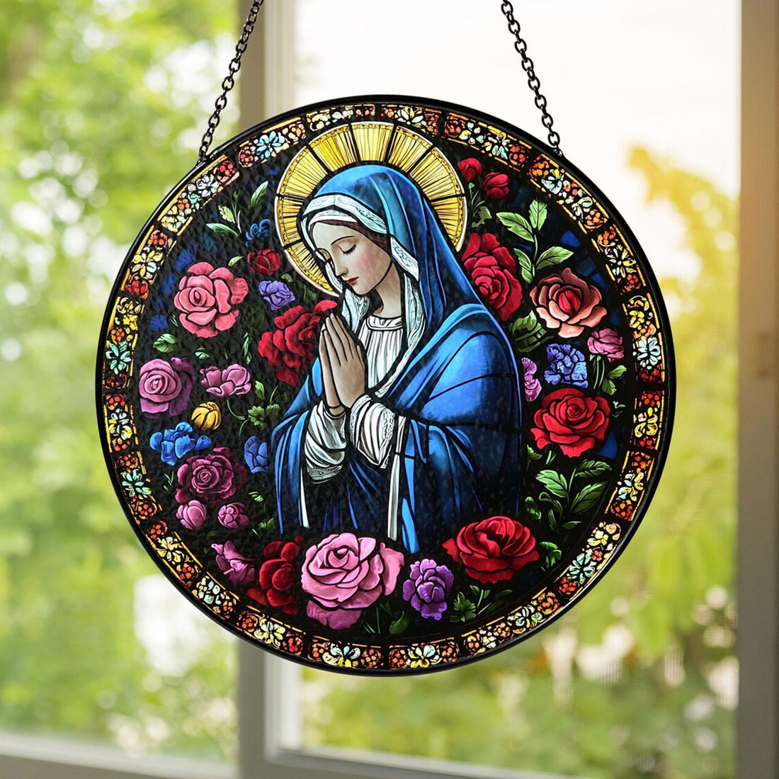 Mother Mary Art Stained Glass Suncatcher, Holy Mother Catholic Window Hanging, Christian Gift