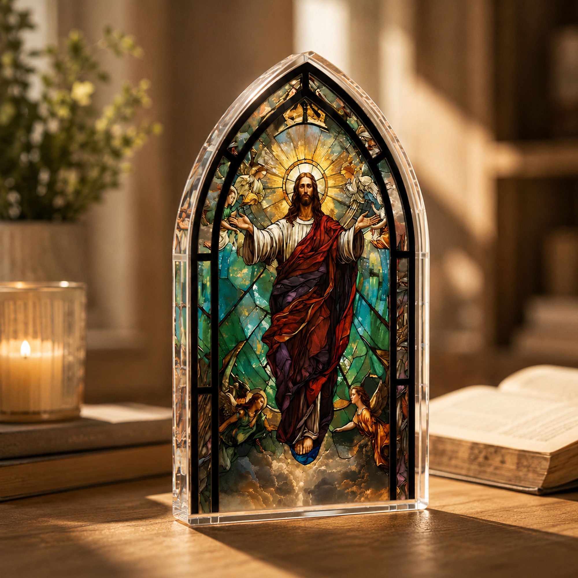 Ascension of Jesus Acrylic Plaque, Stained Glass Church Window Art, 2D Flat Christian Table Decor