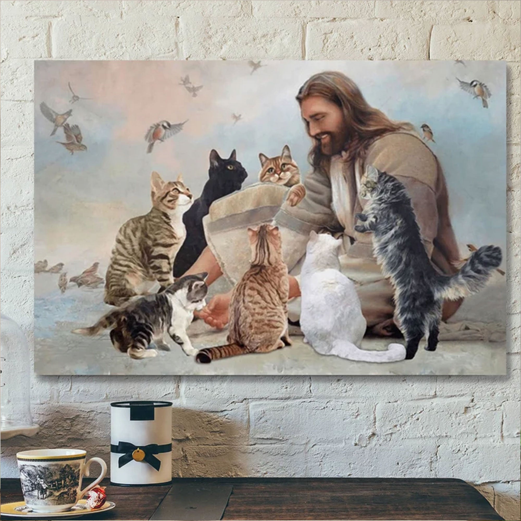 Jesus with Cats Canvas Art, Christian Landscape Wall Decor, Faith Inspired Pet Lover Gift