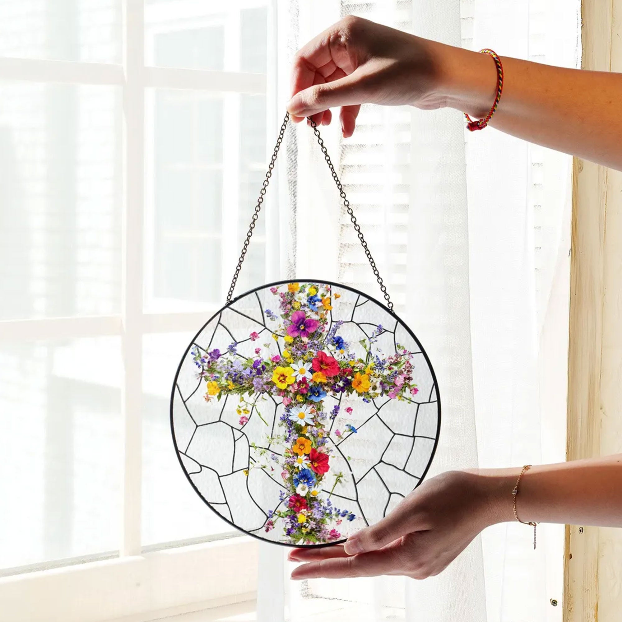 Christian Cross Wildflower Stained Glass Suncatcher, Floral Window Hanging, Easter Decor Gift