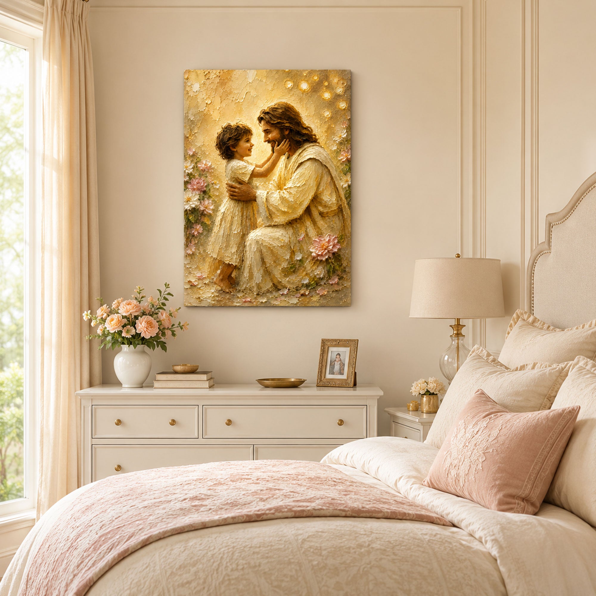 Jesus with Child Canvas Print, Christian Family Wall Art, Warm Golden Faith Home Decor Gift