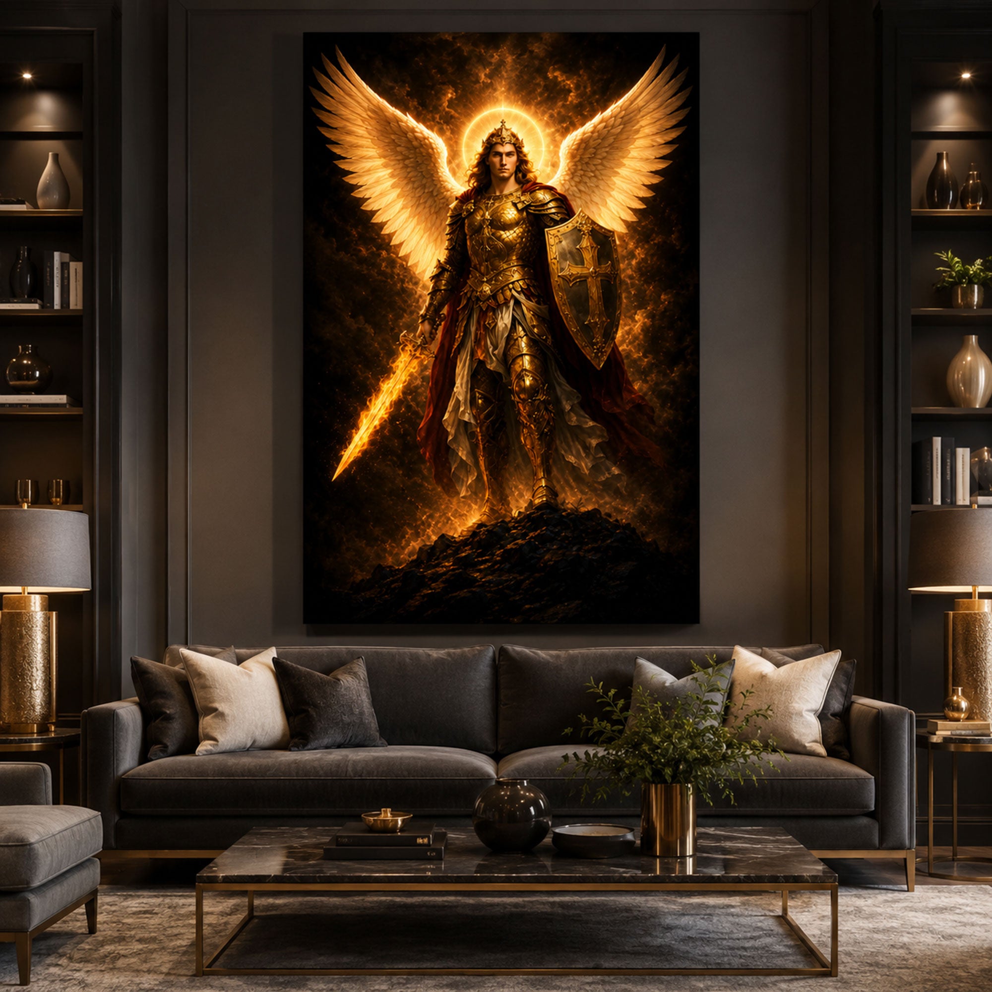 Saint Michael with Flaming Sword Canvas Print, Catholic Archangel Wall Art, Faith Home Decor Gift