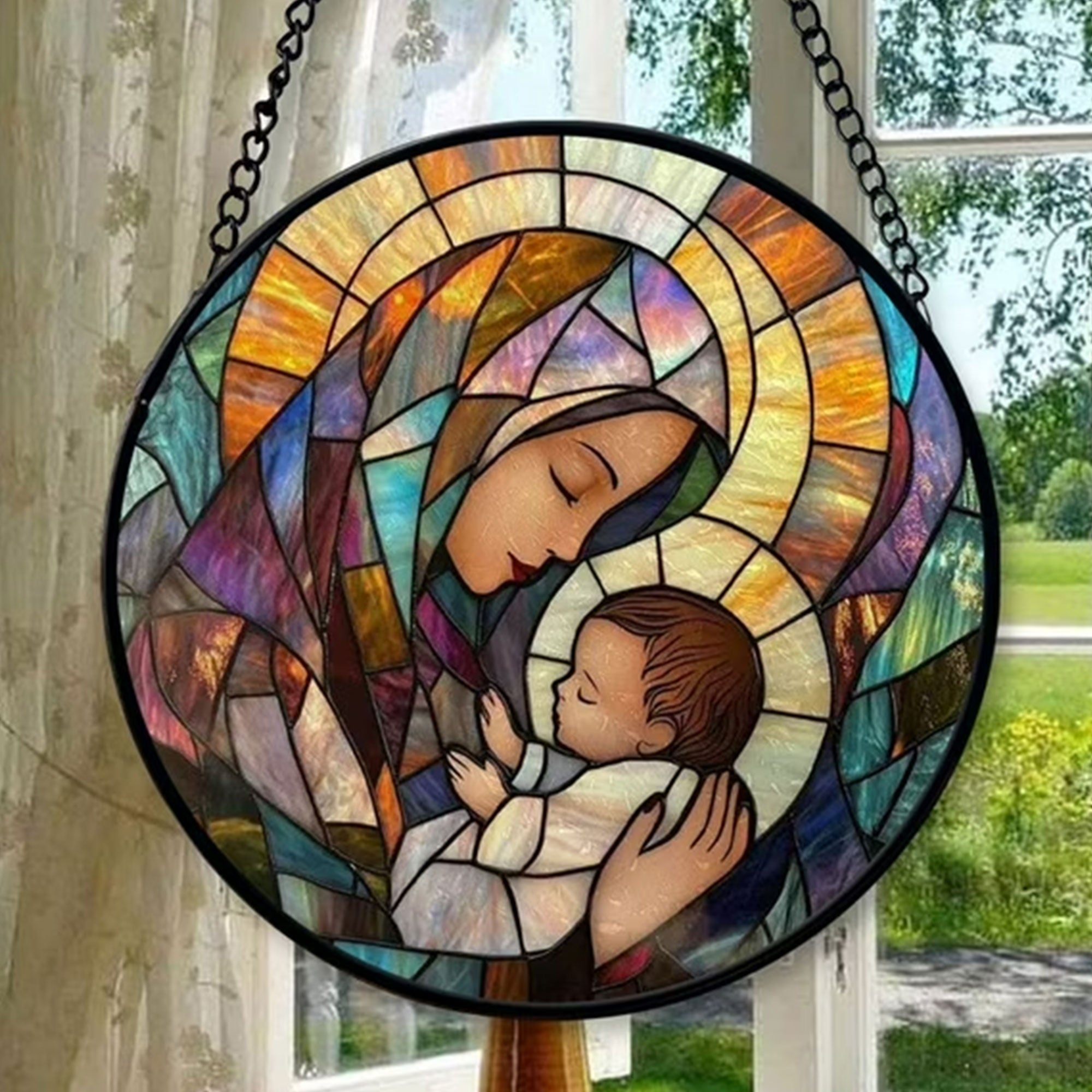 Virgin Mary Holding Baby Jesus Stained Glass Suncatcher, Catholic Window Hanging, Holy Mother Religious Decor