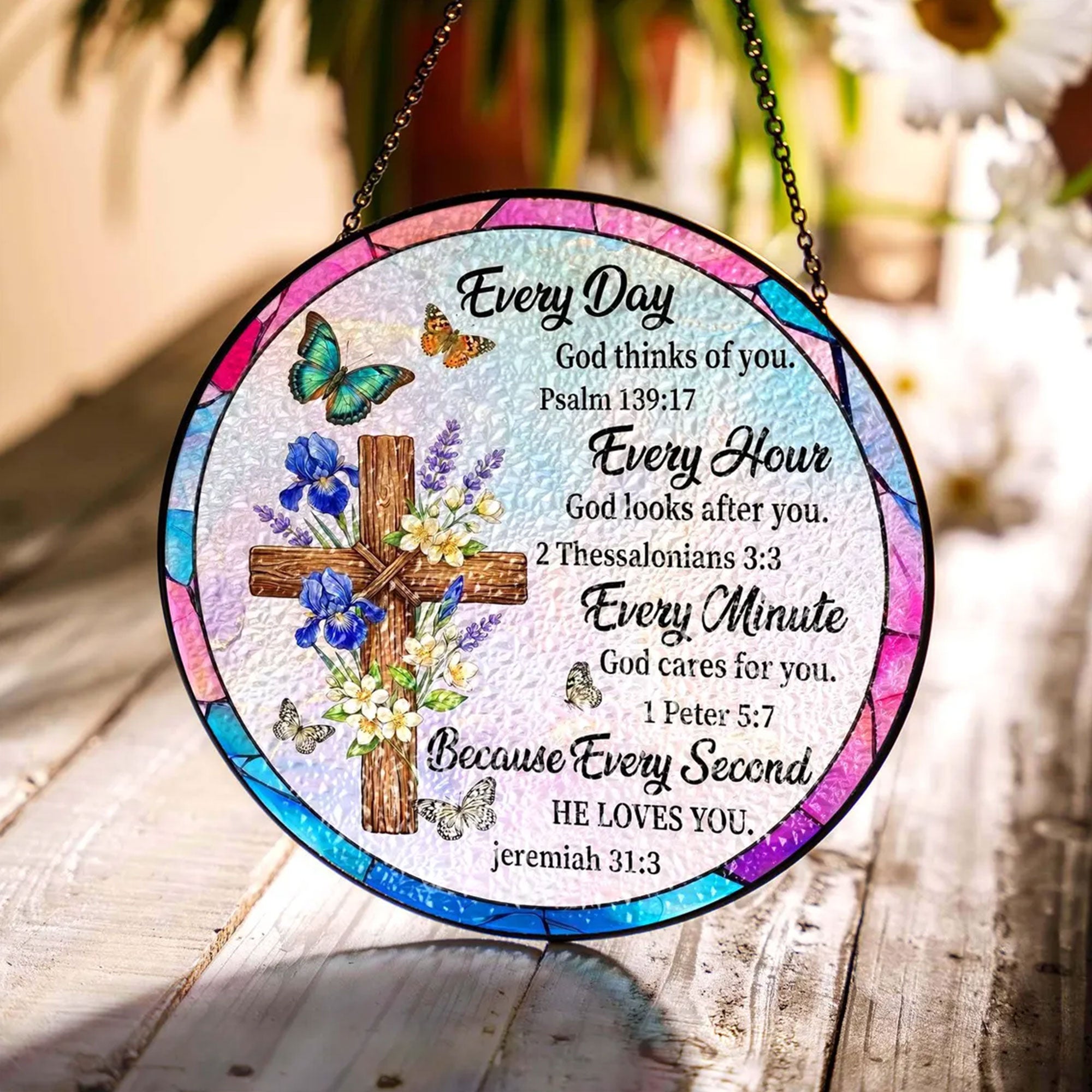 Stained Glass Suncatcher with Bible Verse, Christian Window Hanging Decor, Inspirational Faith Gift for Women