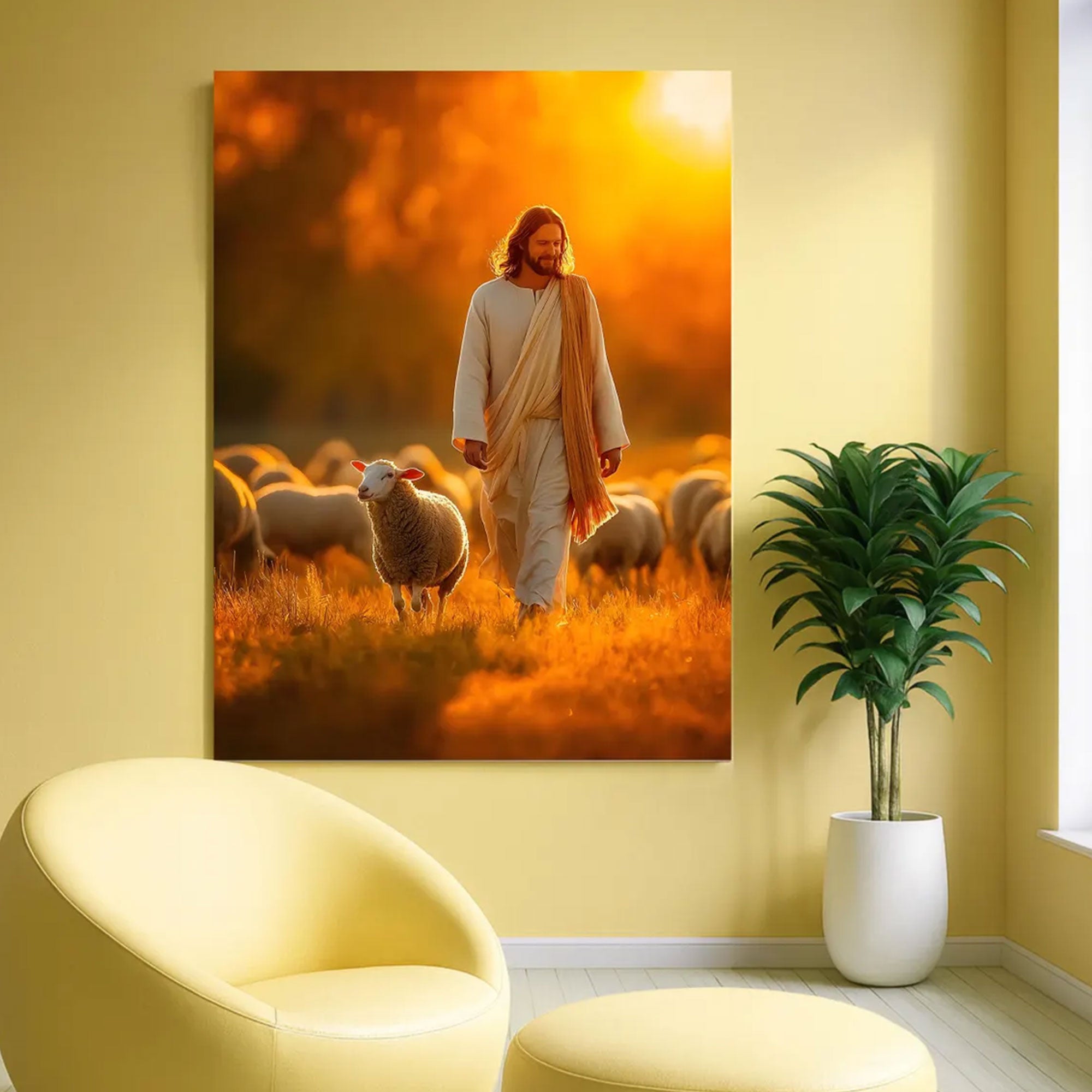 Jesus Good Shepherd Canvas Print, Sunset Christian Wall Art, Faith Inspired Shepherd Artwork, Spiritual Home Decor