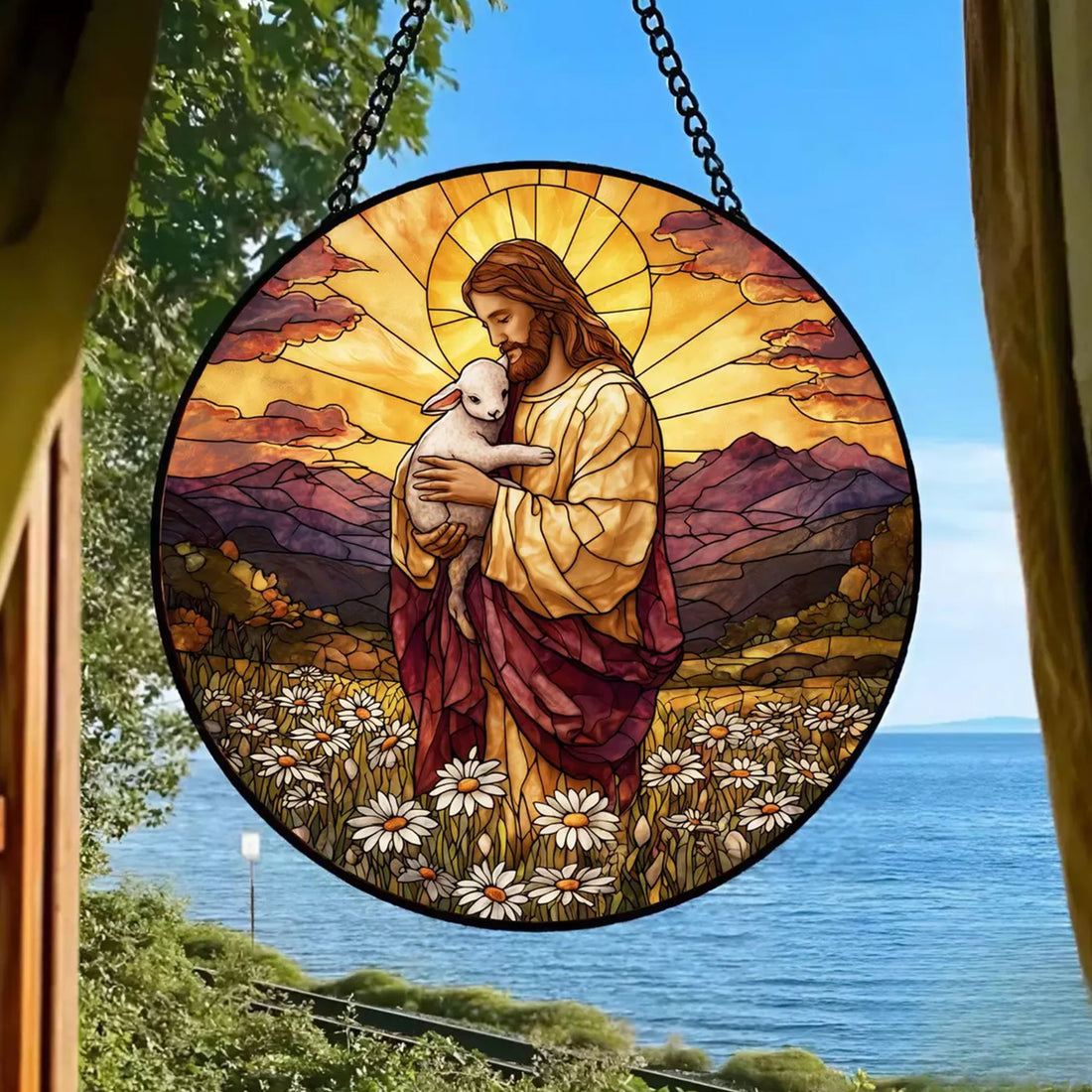 Jesus the Good Shepherd Suncatcher, Christ Holding Lamb Sunset Window Hanging, Christian Faith Gift