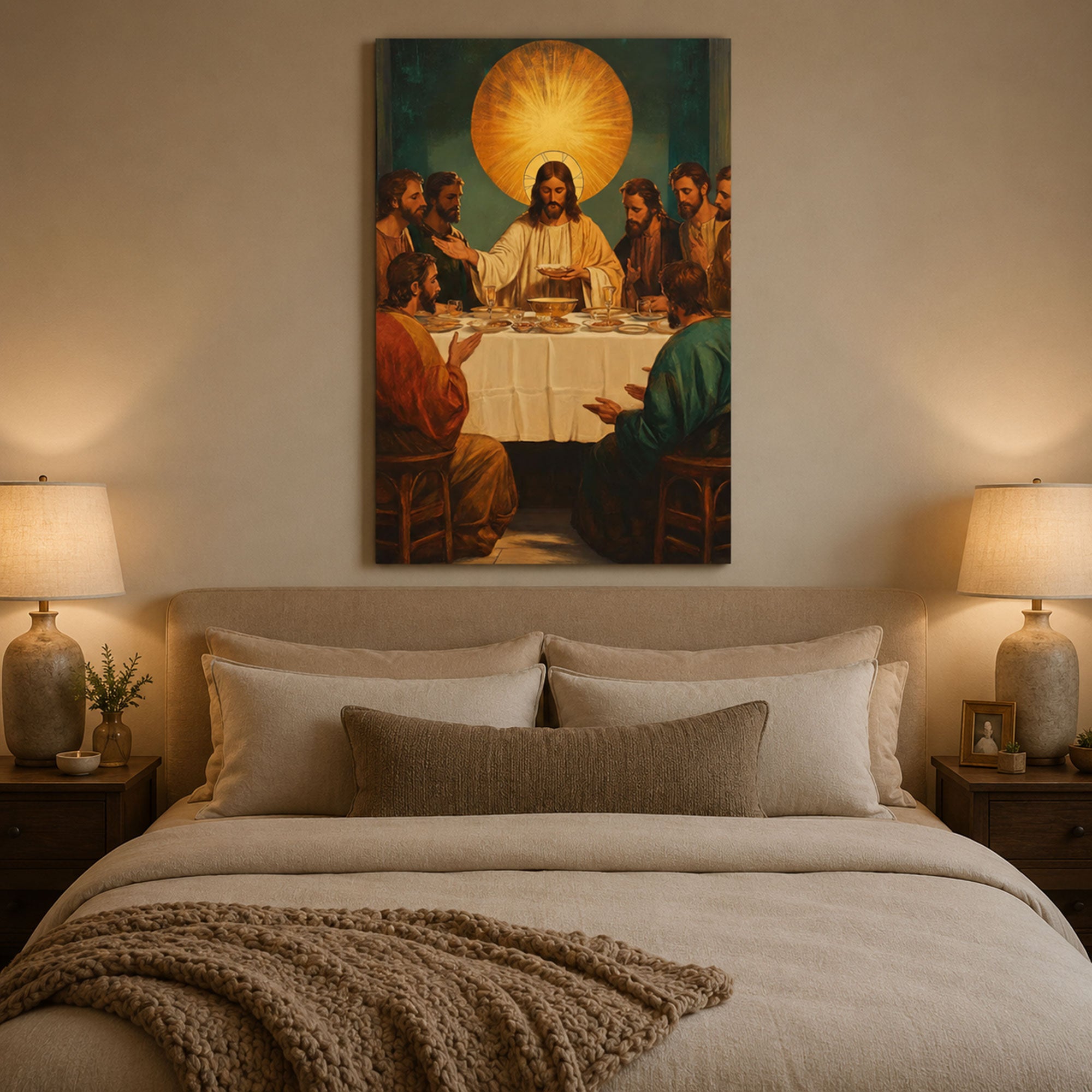 Institution of the Eucharist Last Supper Canvas Print, Glowing Art Deco Christian Wall Art, Large Faith Home Decor
