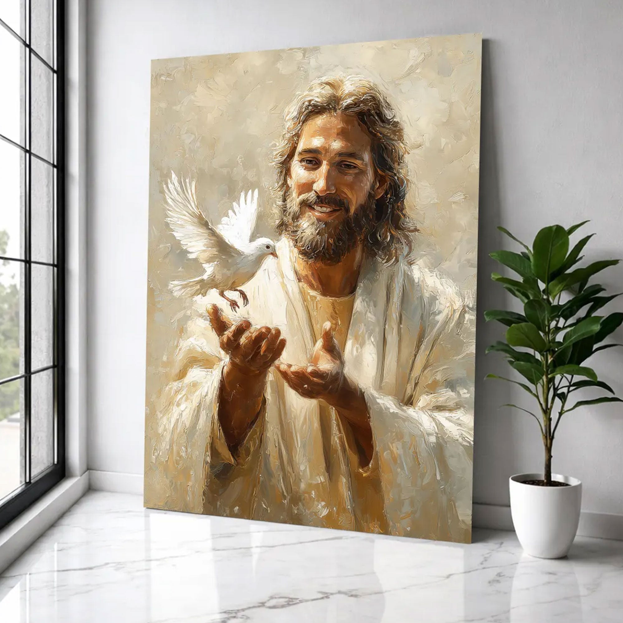 Jesus with Dove Canvas Print, Holy Spirit Christian Wall Art, Peaceful Faith Home Decor