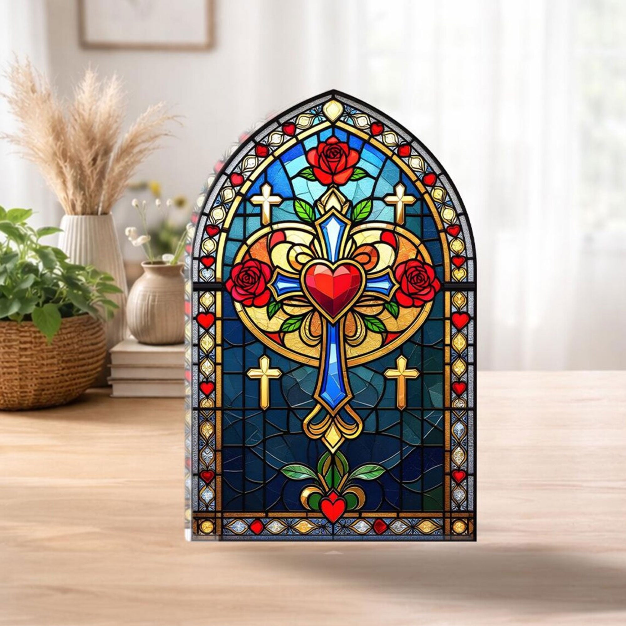 Sacred Heart Cross Acrylic Block, Stained Glass Christian Table Decor, Catholic Faith Gift, Single-Sided 2D Religious Display