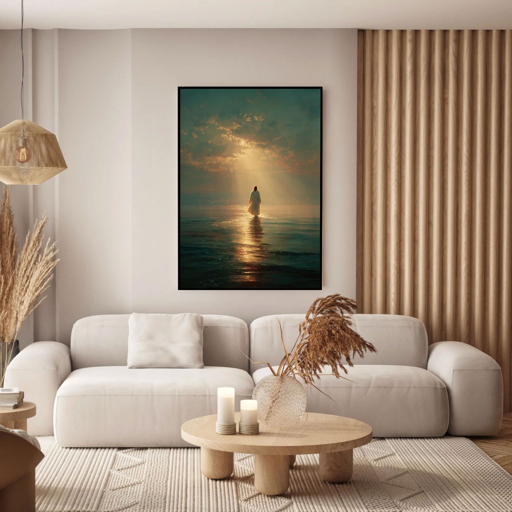 Jesus Walking on Water Canvas Print, Faith Over Fear Christian Wall Art, Divine Light Ocean Scene, Spiritual Home Decor, Inspirational Religious Gift