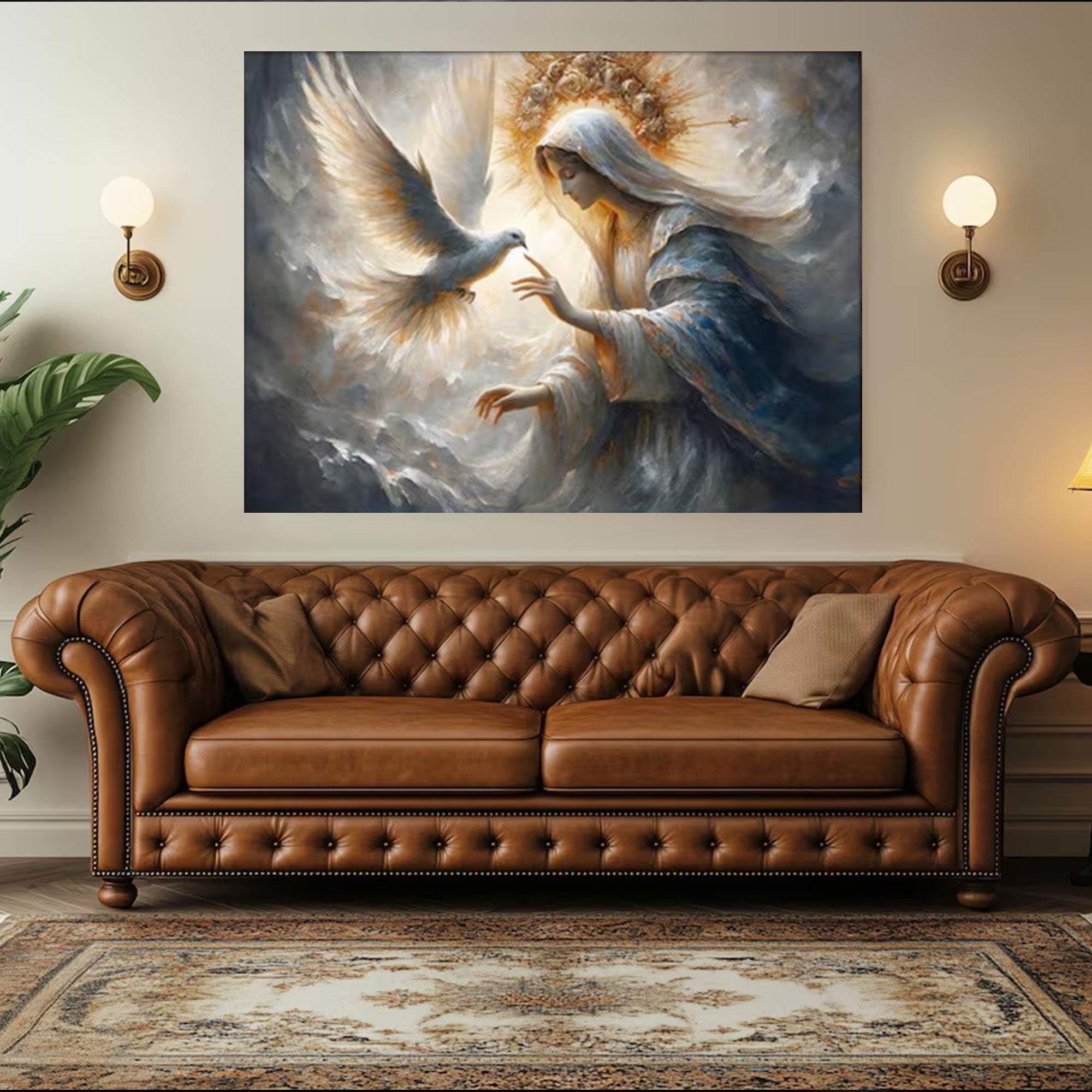 Spouse of the Holy Spirit Canvas Print, Blessed Virgin Mary and Dove Wall Art, Catholic Mystical Artwork, Abstract Religious Decor, Inspirational Faith Gift