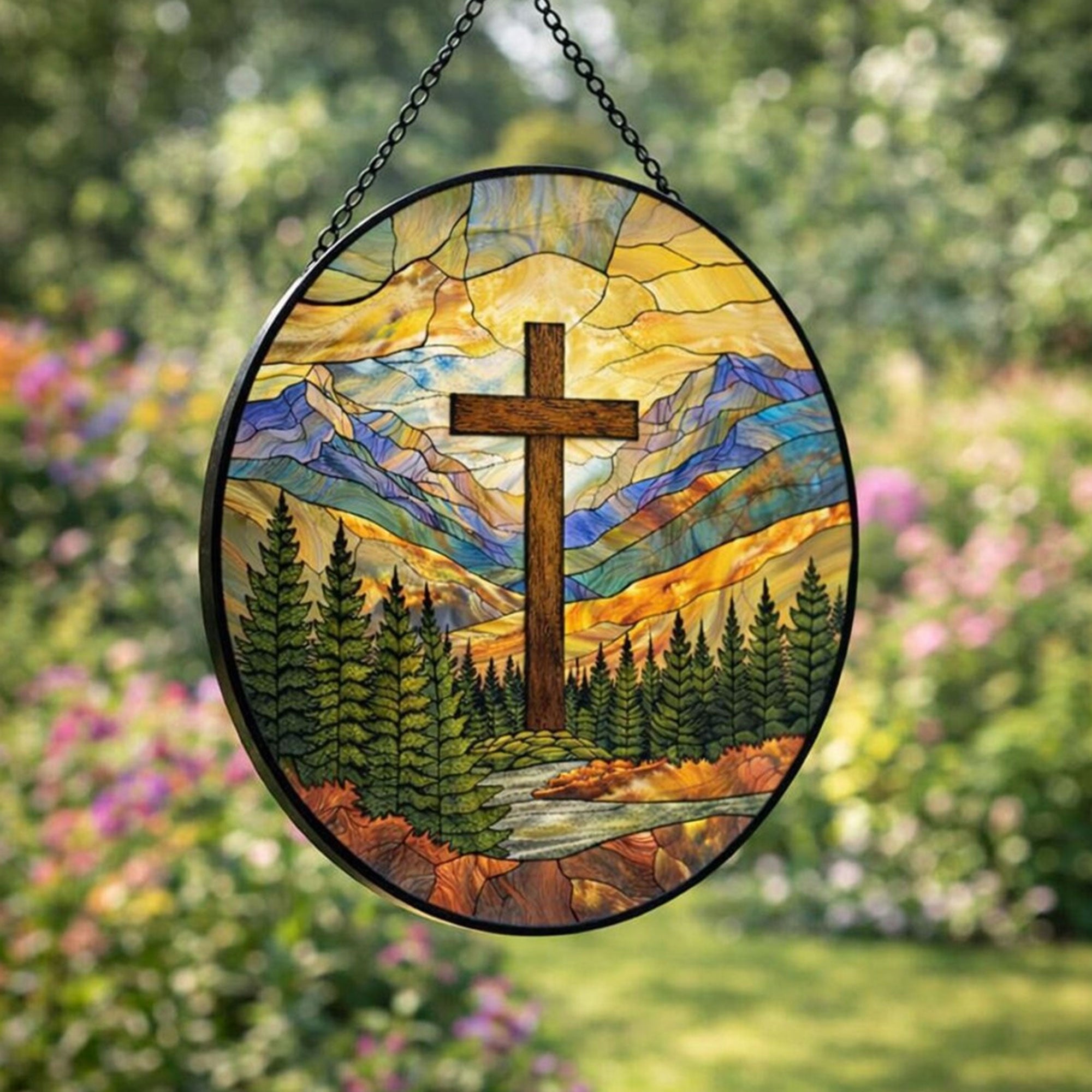 Christian Cross Mountain Stained Glass Suncatcher, Window Hanging Decor, Religious Faith Gift, Nature Home Accent