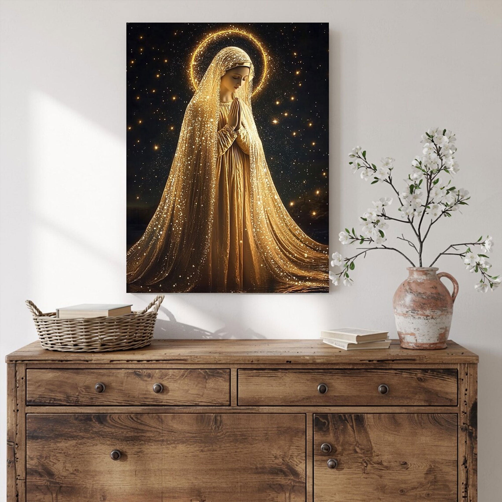 Golden Virgin Mary Canvas Print, Radiant Madonna Wall Art, Catholic Religious Decor, Blessed Mother Faith Artwork