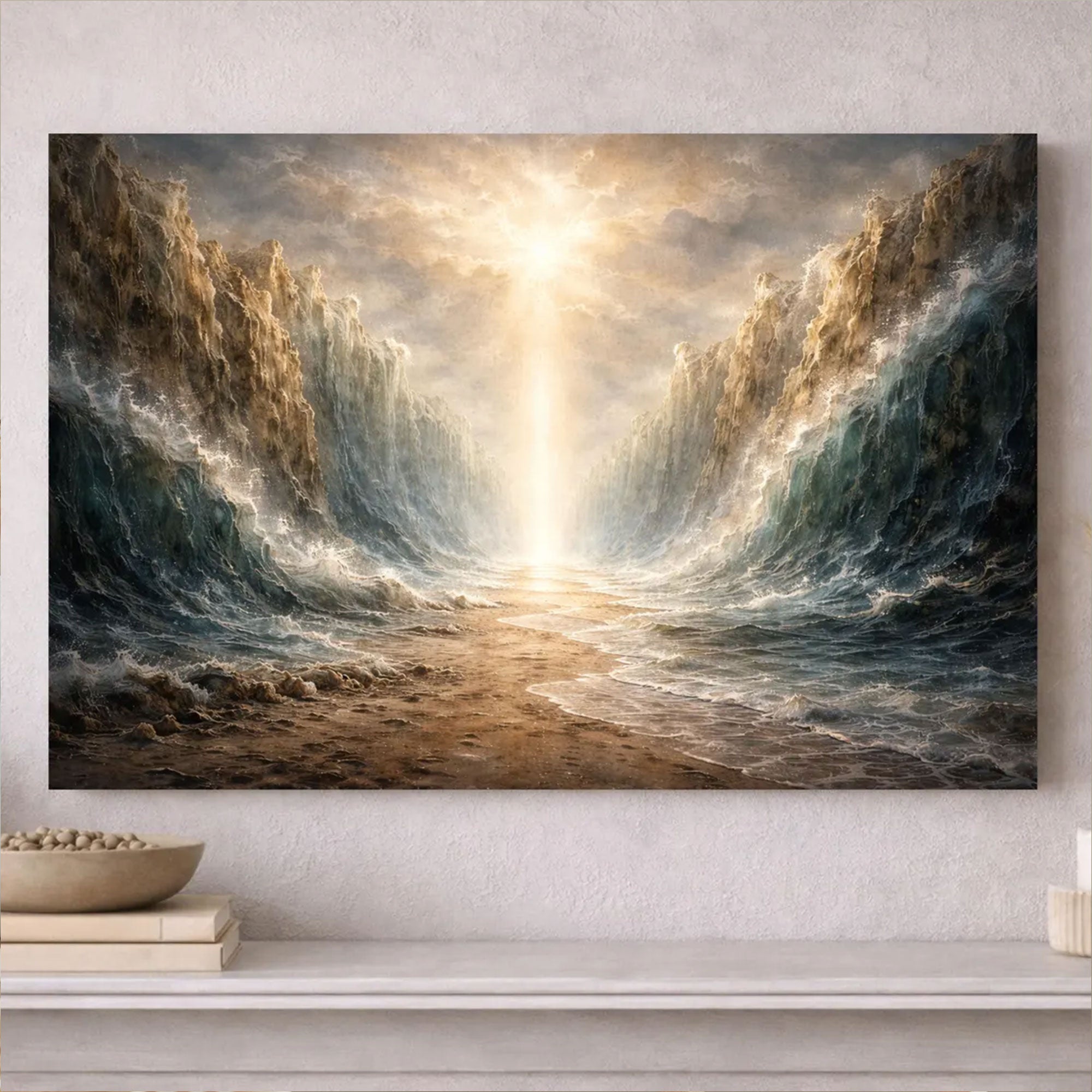 Parting of the Red Sea Canvas Wall Art, Moses Exodus Painting, Christian Faith Home Decor