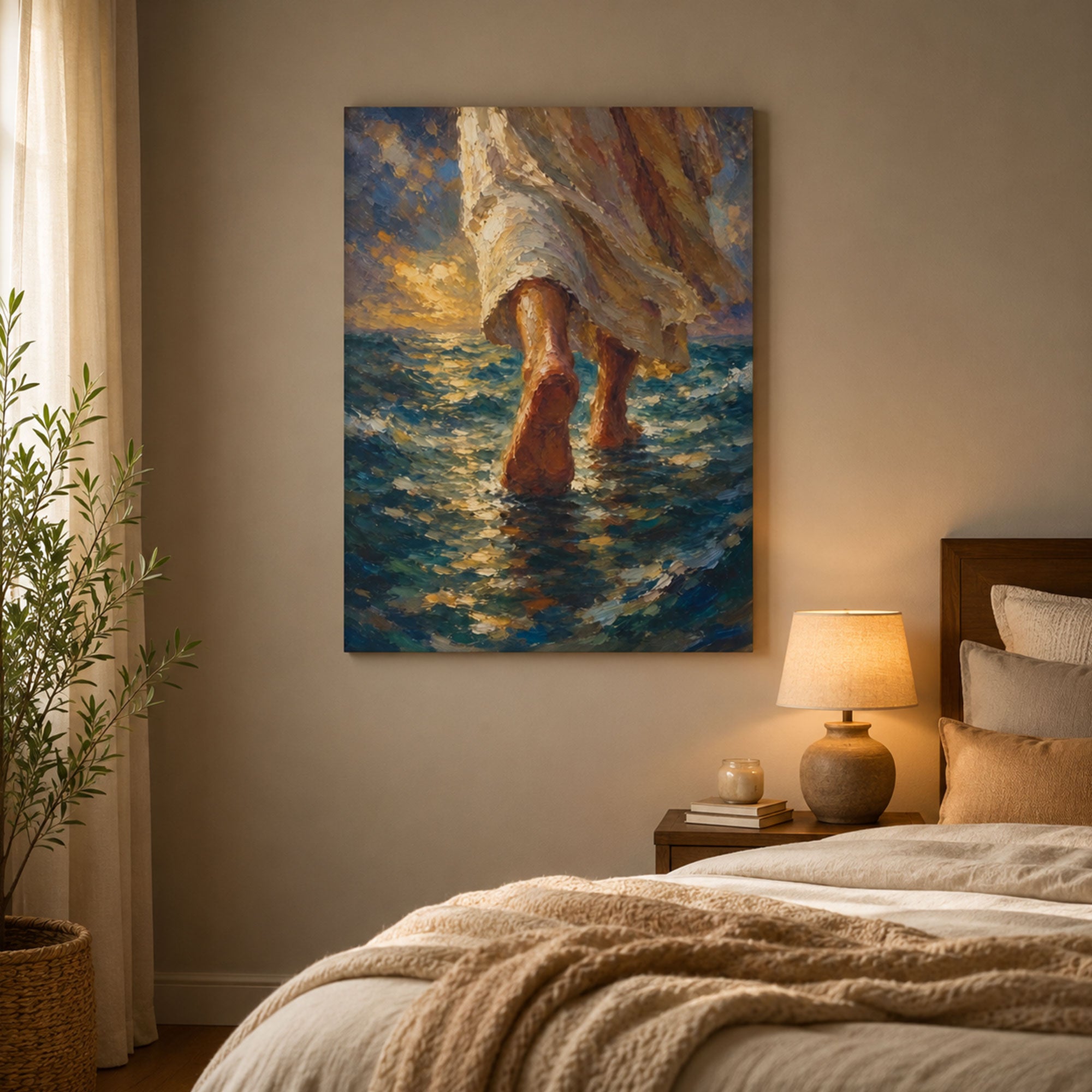 Jesus Walking on Water Canvas Print, Christian Ocean Wall Art, Faith Home Decor