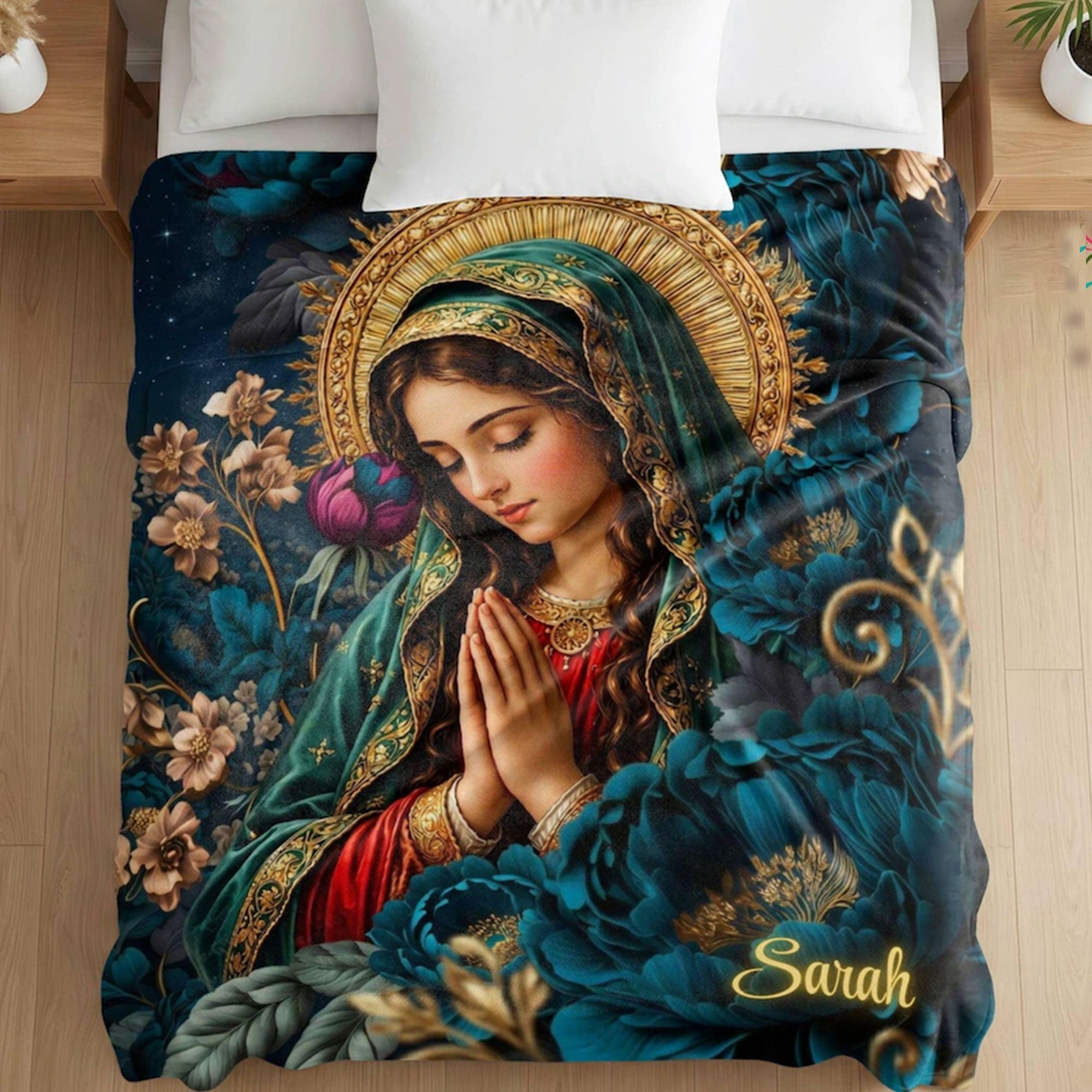 Personalized Virgin Mary Fleece Blanket, Catholic Floral Throw, Custom Name Christian Prayer Gift for Mom or Grandma, Faith Decor