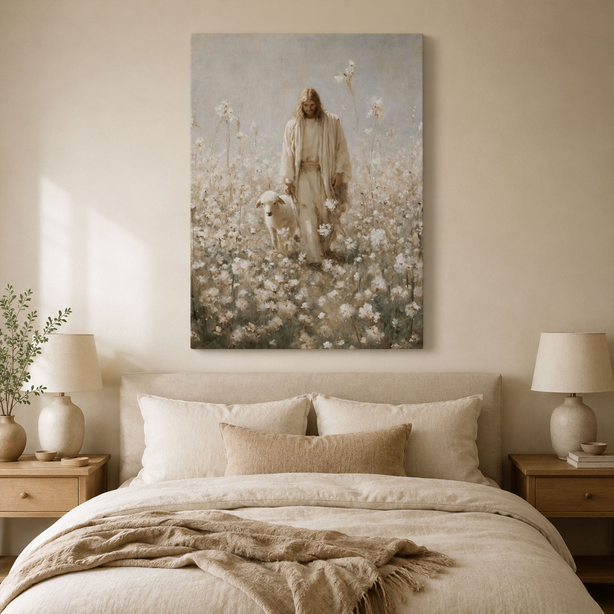 Jesus the Good Shepherd Canvas Print, Walking with Lamb in Wildflower Field, Neutral Christian Wall Art, Religious Home Decor, Faith Inspired Gift