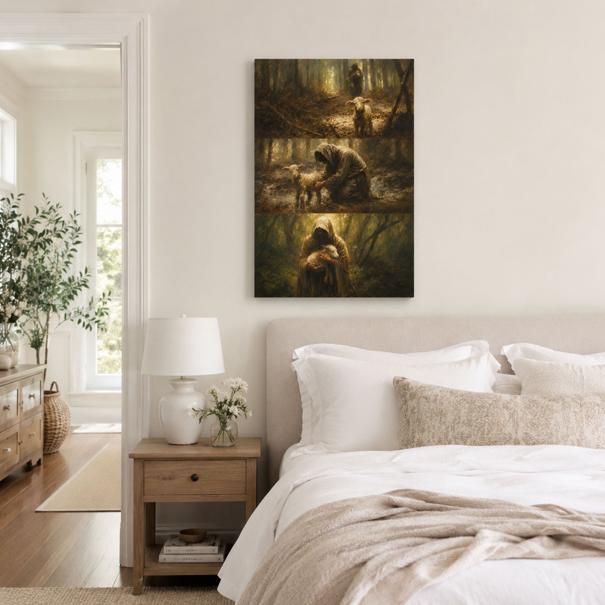 Jesus Rescuing the Lost Sheep Canvas Print, Christian Home Decor