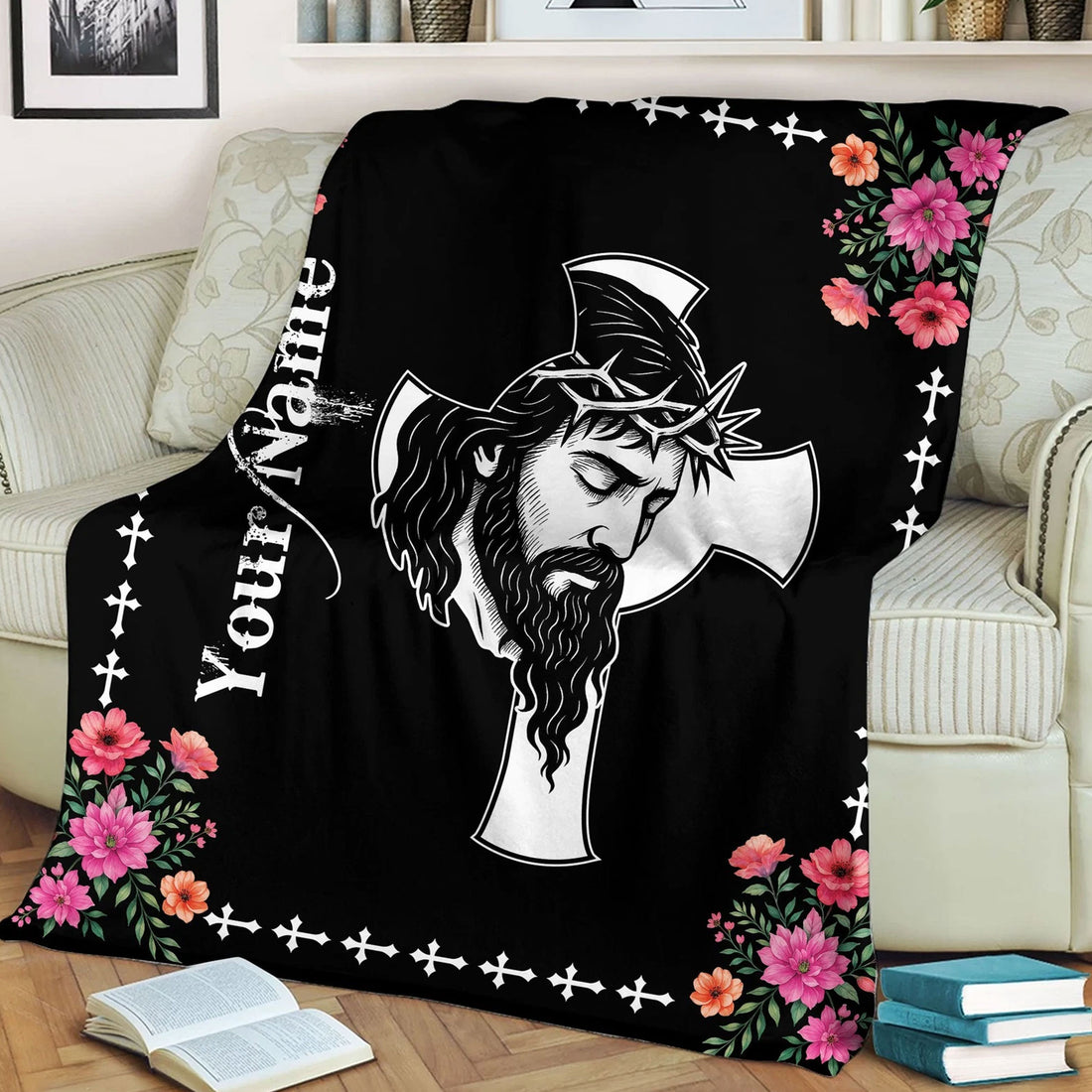 Personalized Jesus Christ Cross Fleece Blanket, Christian Faith Floral Throw, Religious Gift, Inspirational Home Decor