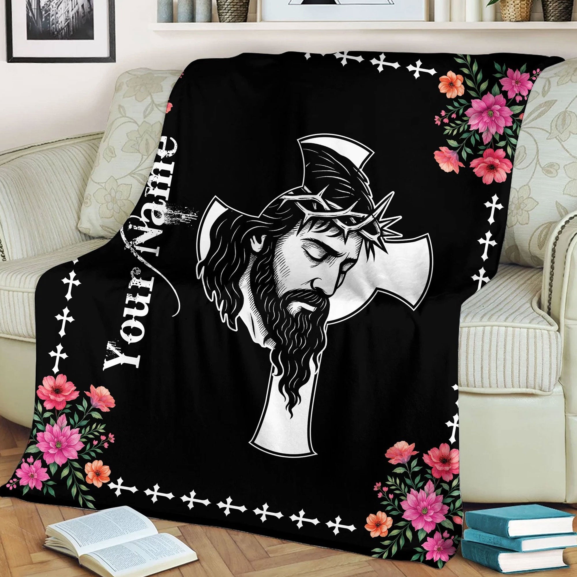 Personalized Jesus Christ Cross Fleece Blanket, Christian Faith Floral Throw, Religious Gift, Inspirational Home Decor
