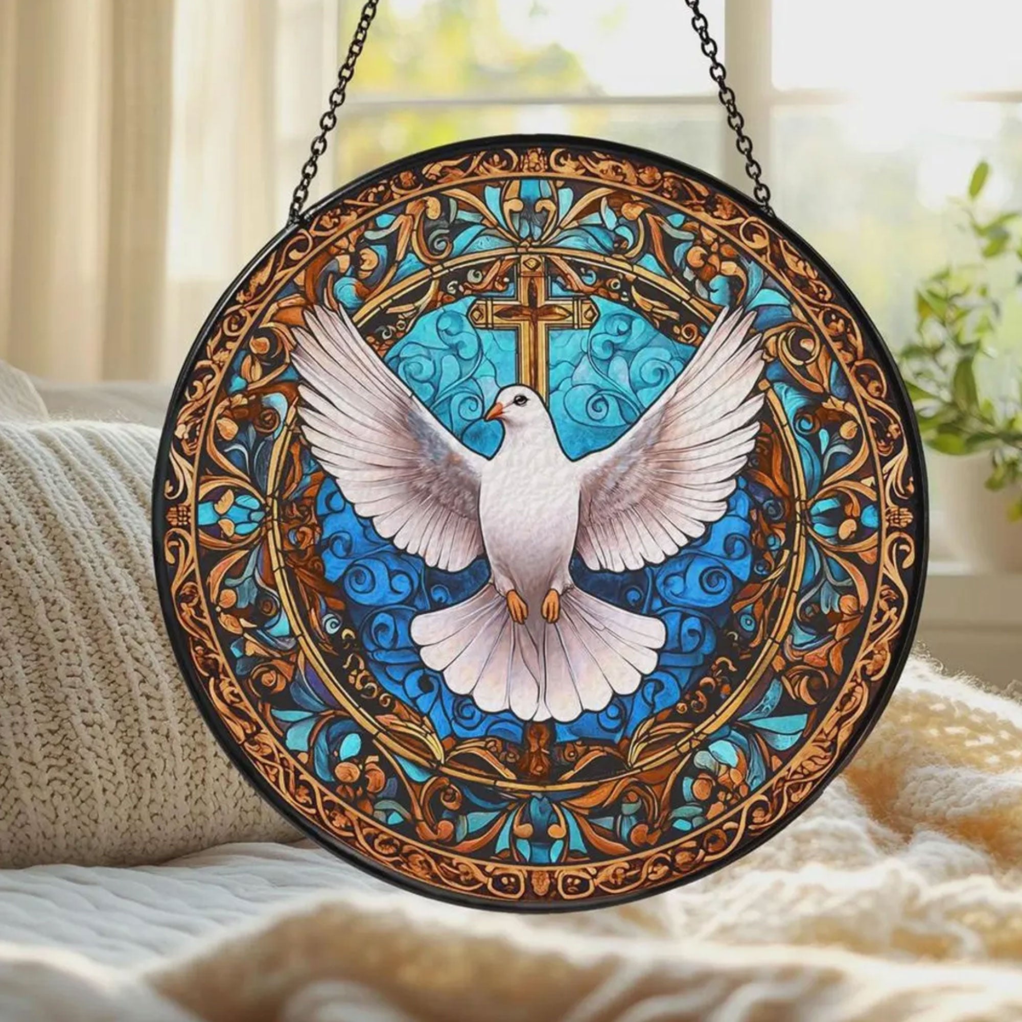Stained Glass Dove Suncatcher, Holy Spirit Christian Window Hanging, Baptism Gift Decor