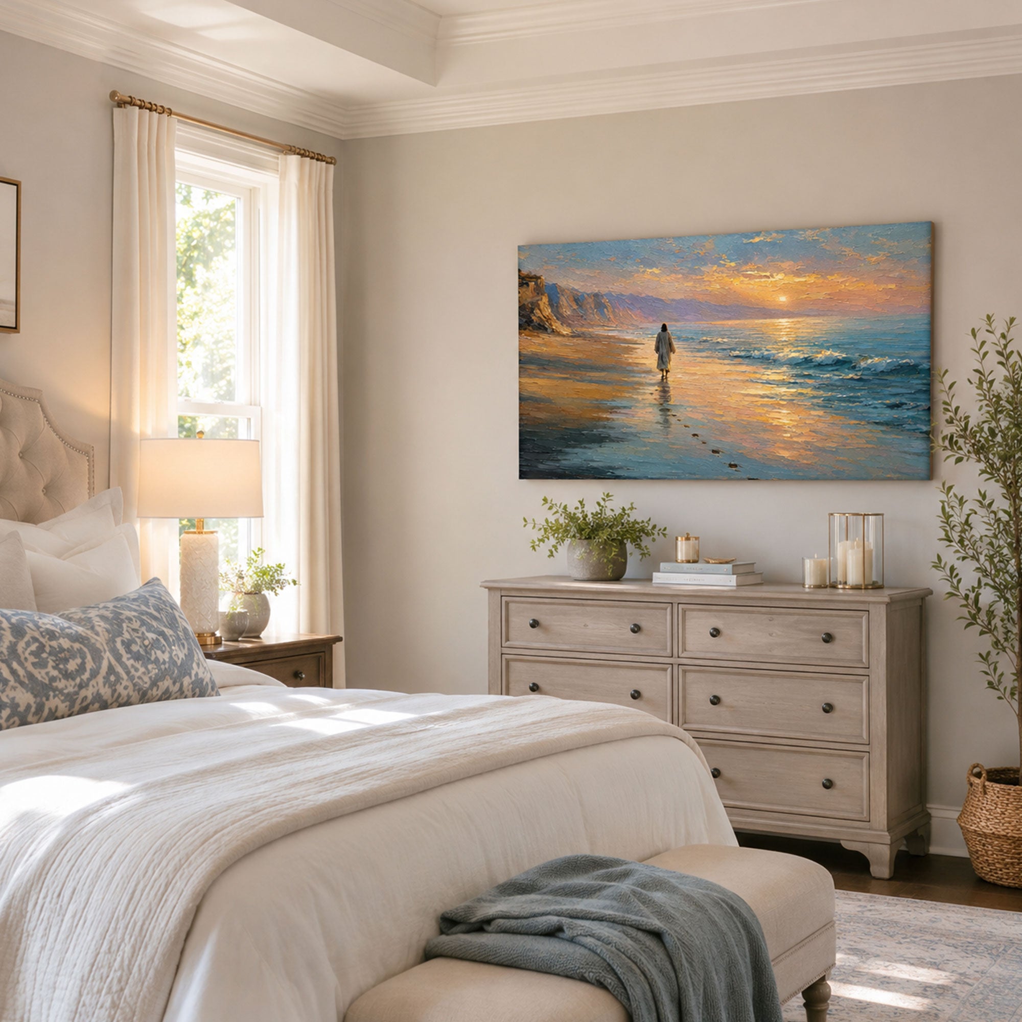 Jesus Walking by the Sea Canvas Print, Peaceful Christian Home Decor
