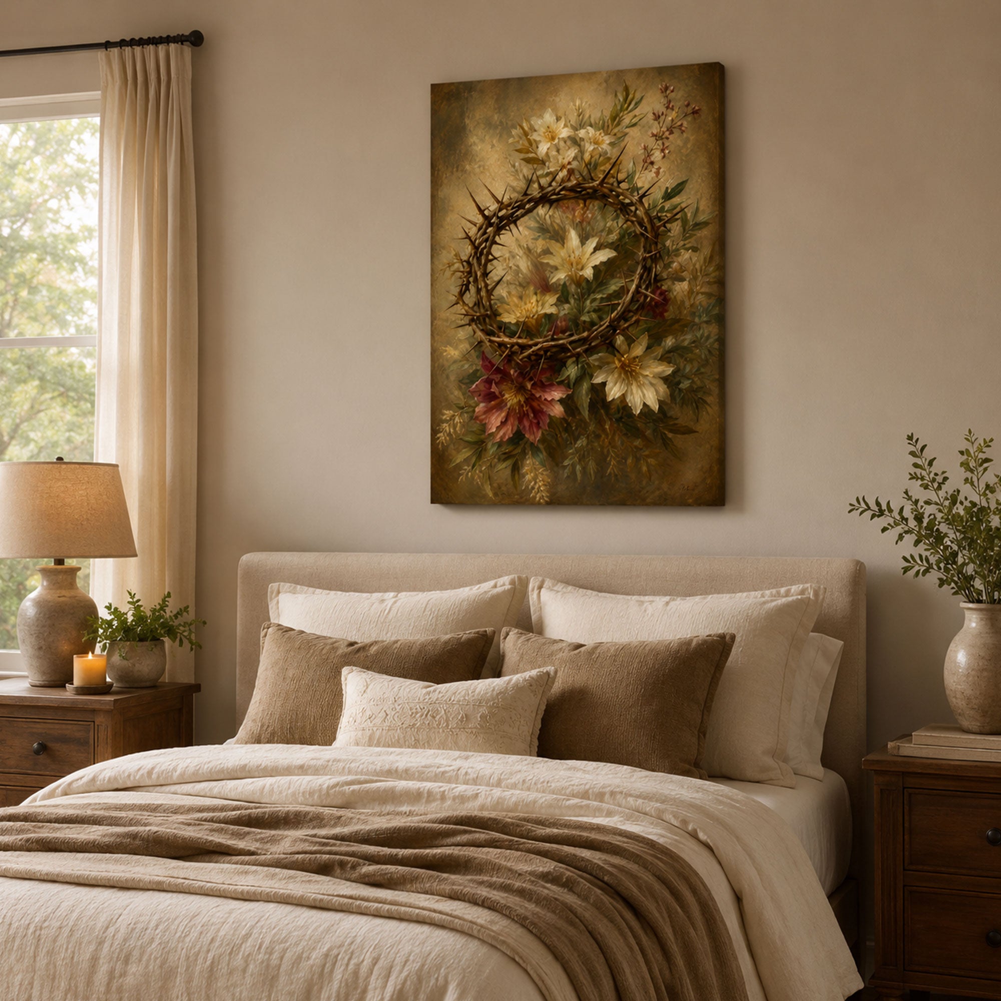 Crown of Thorns Floral Canvas Print, Christian Passion Wall Art, Faith Home Decor Gift
