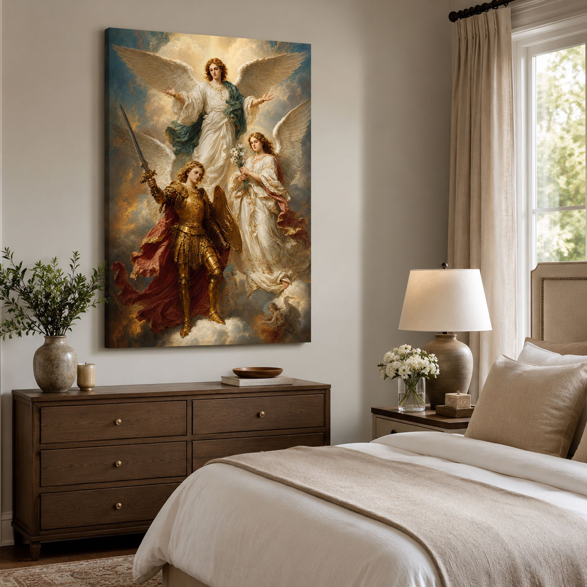 Three Archangels Catholic Canvas Print, Saint Michael Gabriel Raphael Wall Art Gift