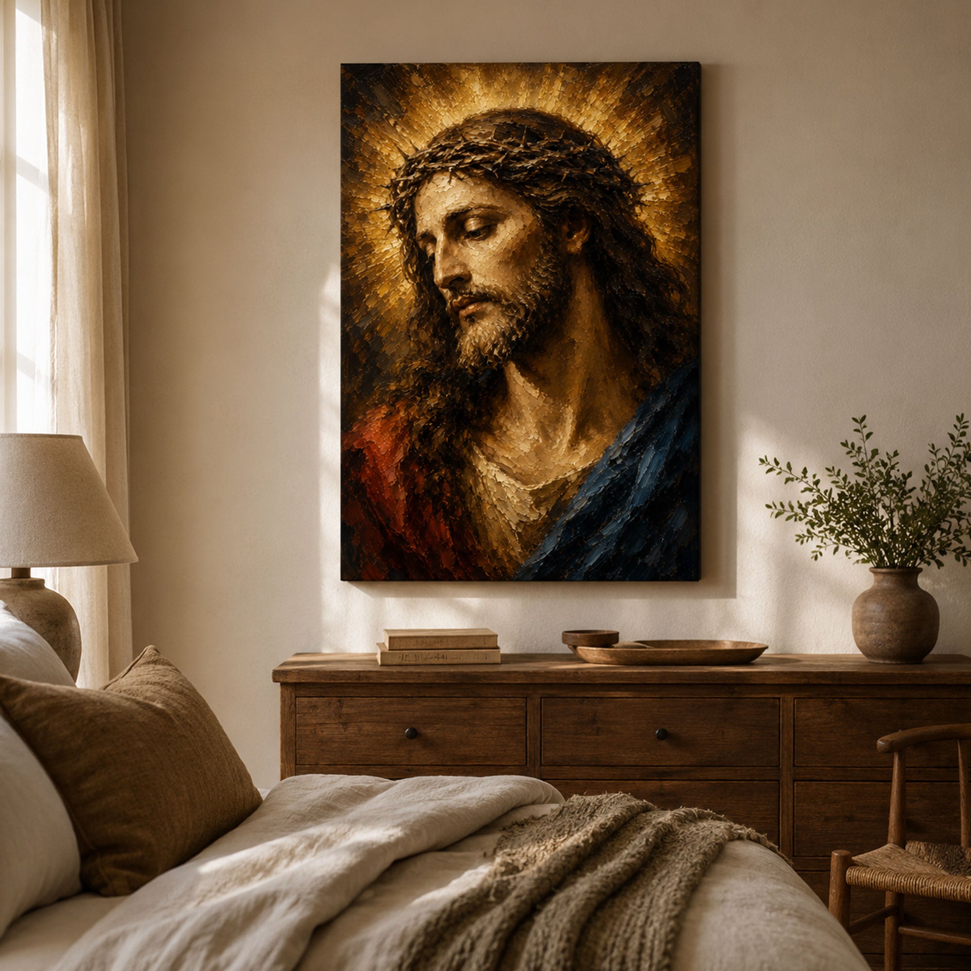 Christ the King Canvas Print, Crown of Thorns Jesus Wall Art, Radiant Christian Home Decor