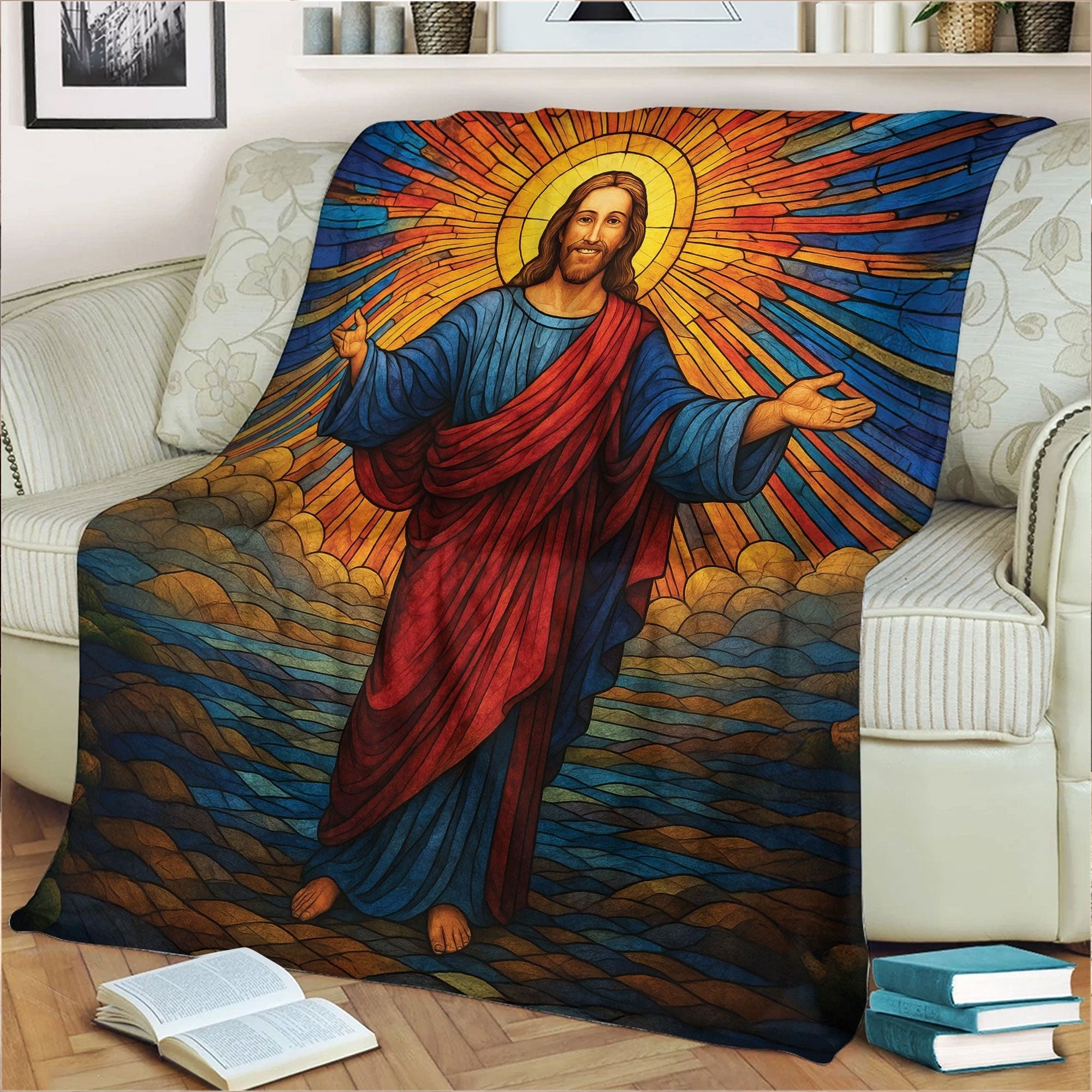 Retro Colorful Jesus Christ Fleece Blanket, Stained Glass Faith Throw, Christian Religious Gift, Inspirational Home Decor