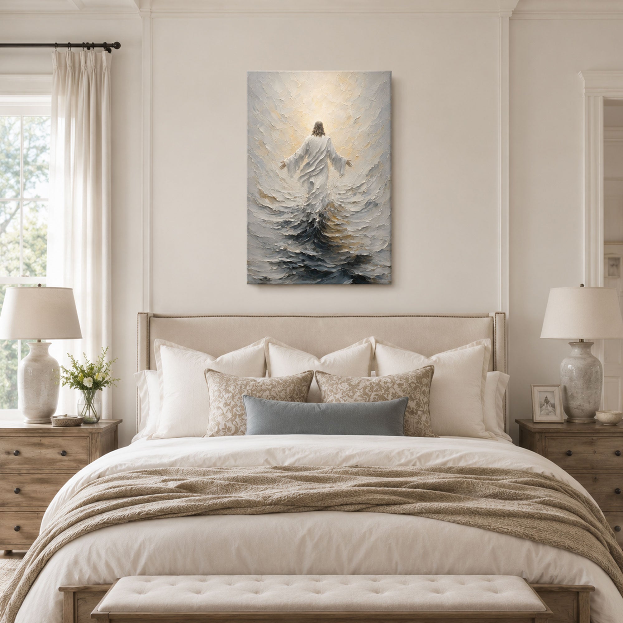 Jesus Above the Stormy Sea Canvas Print, Light Filled Christian Decor