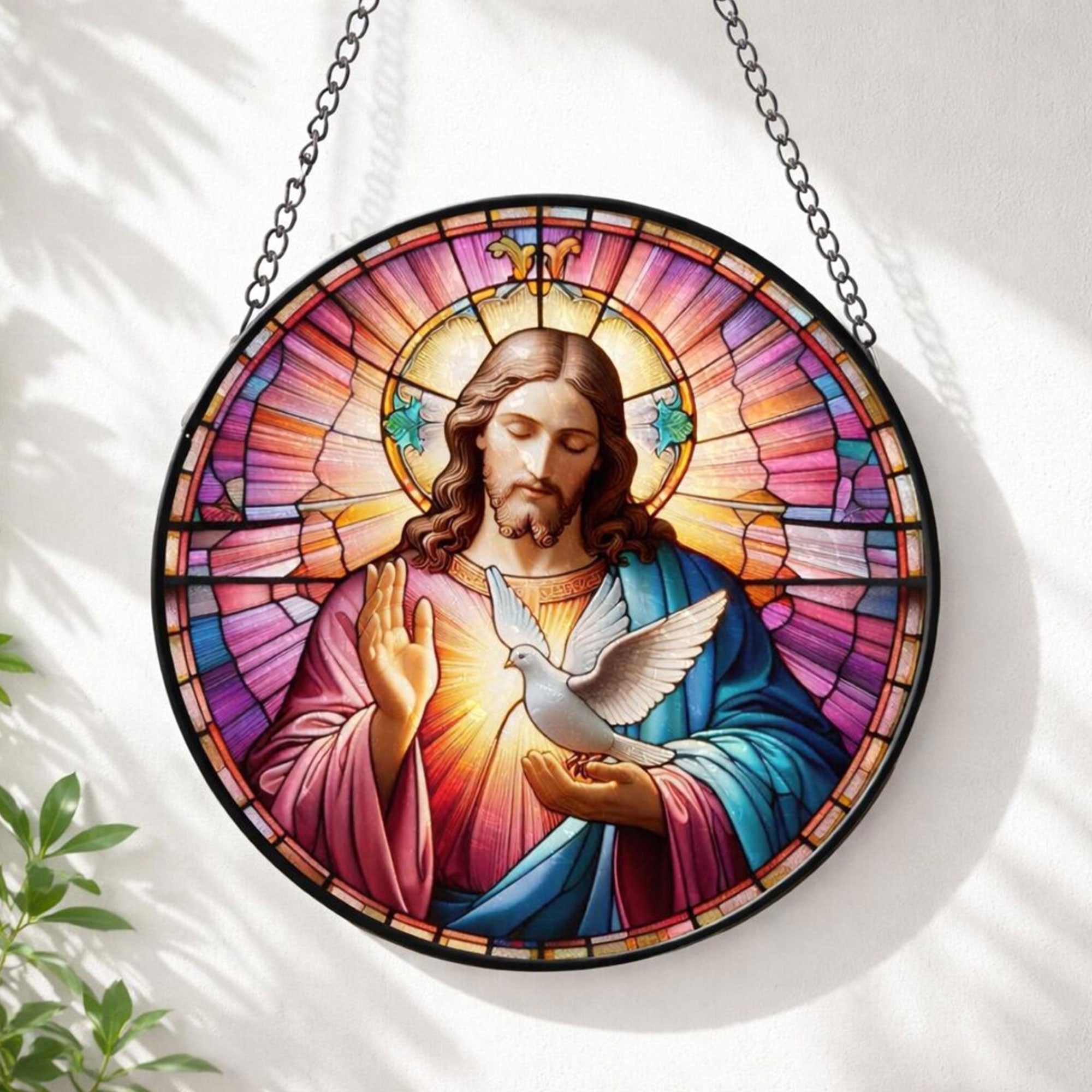 Jesus and Dove Stained Glass Suncatcher, Christian Window Hanging Decor, Holy Spirit Faith Gift, Religious Home Ornament