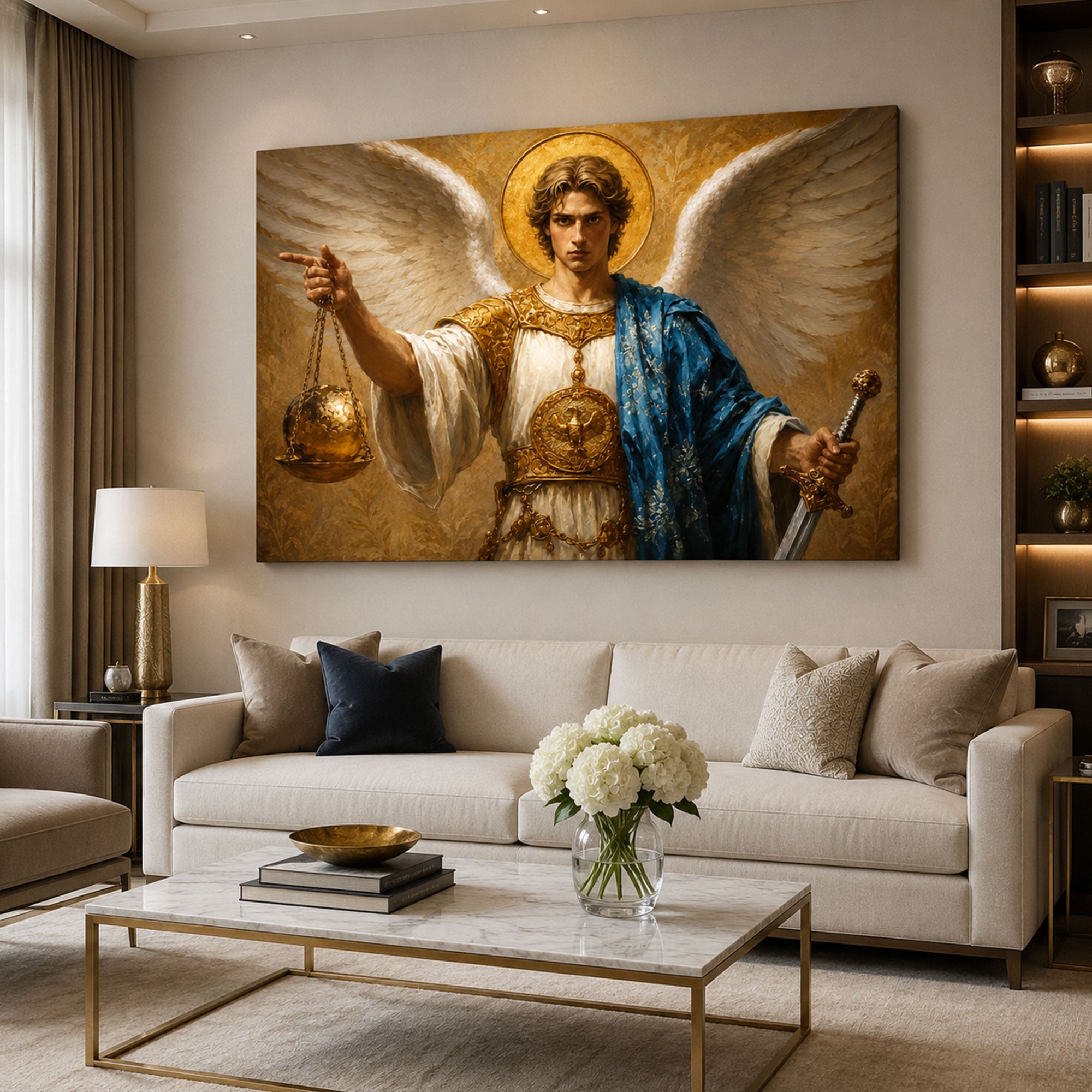 Saint Michael with Scales Canvas Print, Catholic Archangel Wall Art, Faith Home Decor Gift
