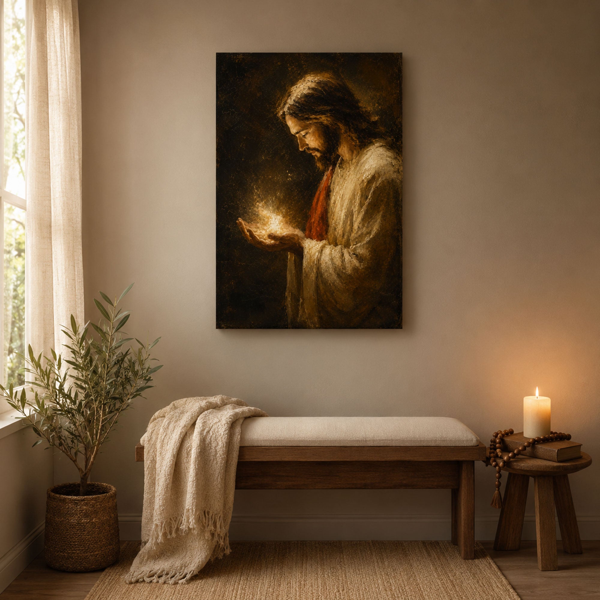 Jesus Holding Divine Light Canvas Print, Light of the World Christian Wall Art, Faith Home Decor
