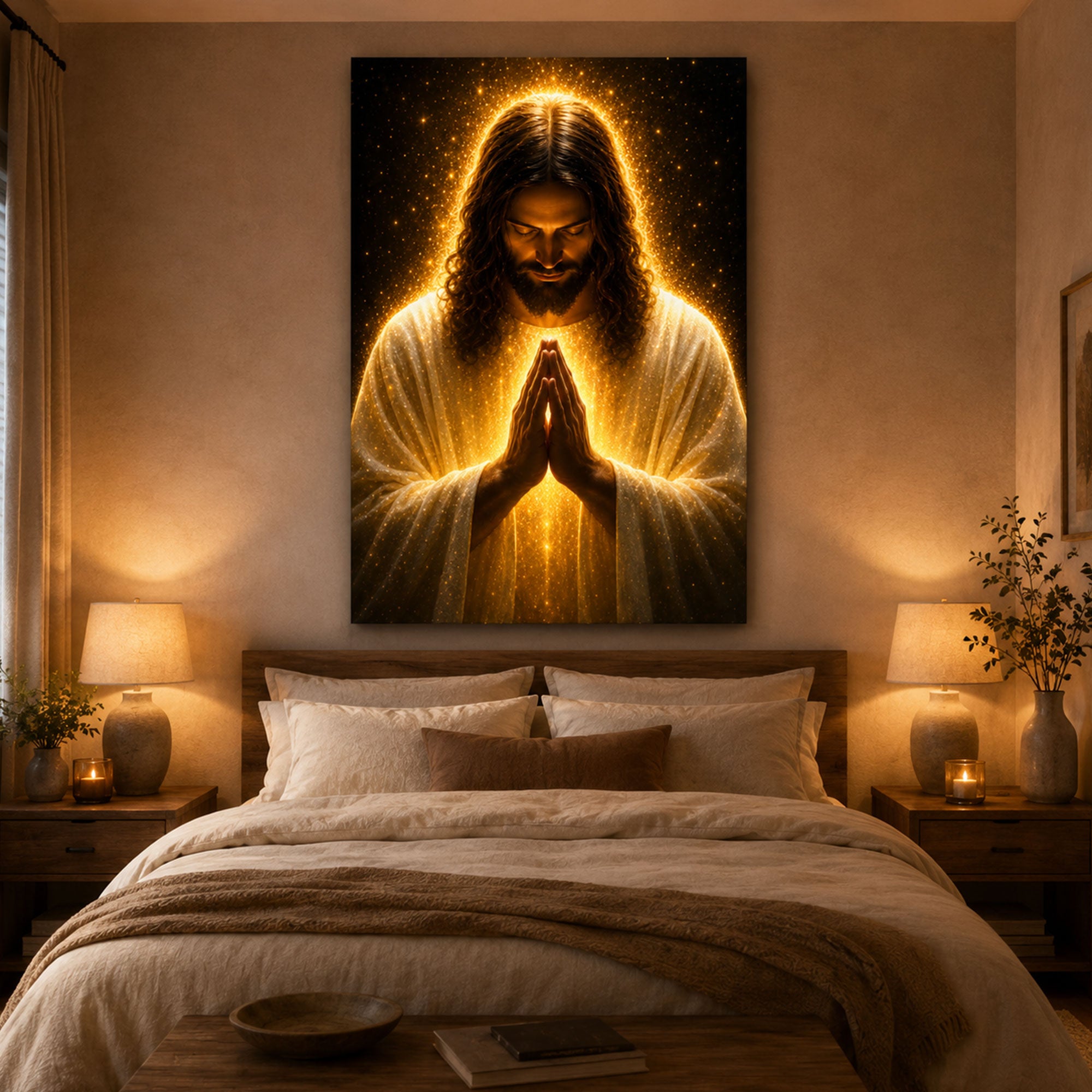 Praying Jesus Canvas Print, Golden Light Christian Wall Art, Peaceful Faith Home Decor