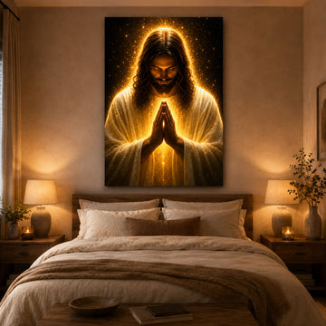 Praying Jesus Canvas Print, Golden Light Christian Wall Art, Peaceful Faith Home Decor