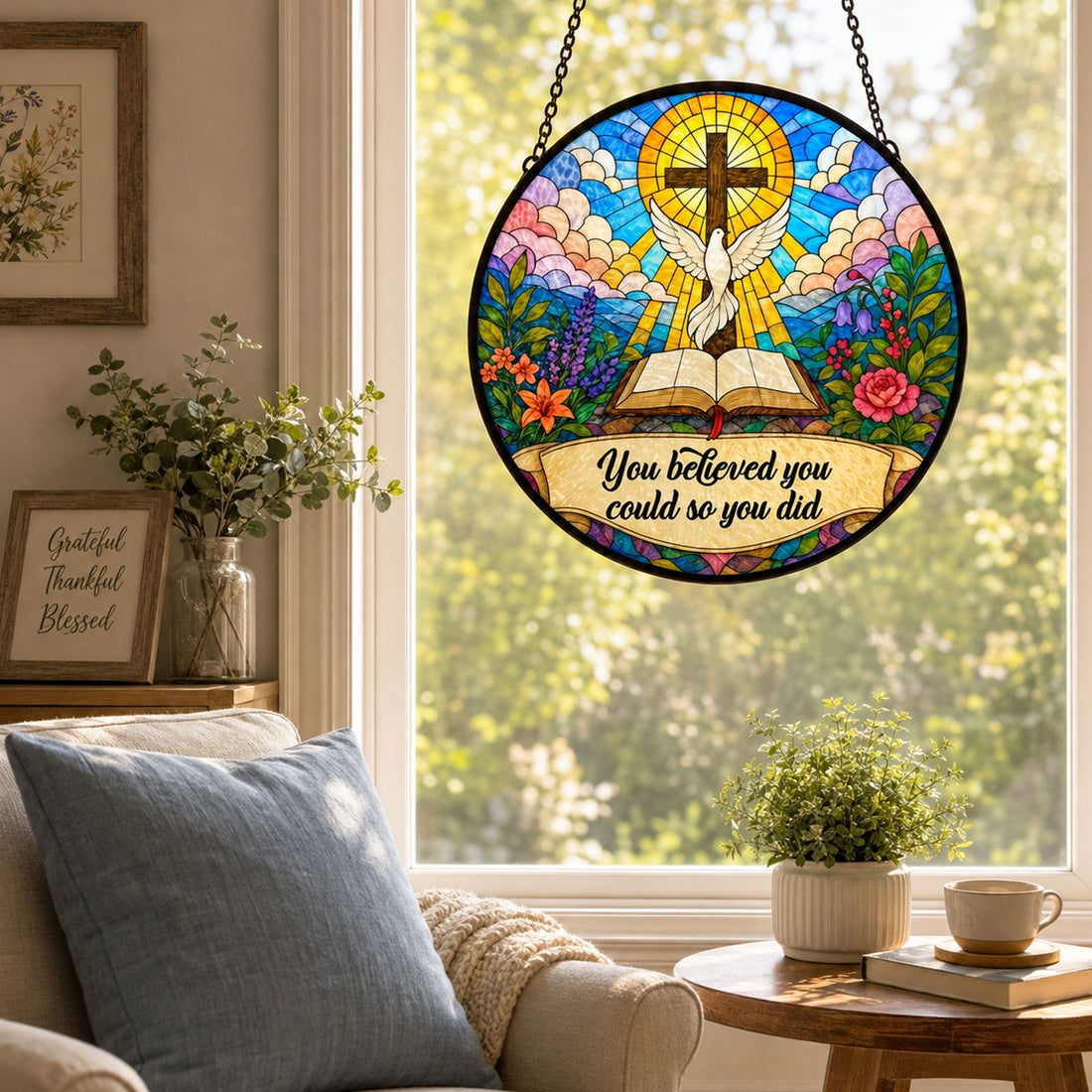 You Believed You Could So You Did Suncatcher, Christian Cross and Dove Window Hanging, Inspirational Faith Gift