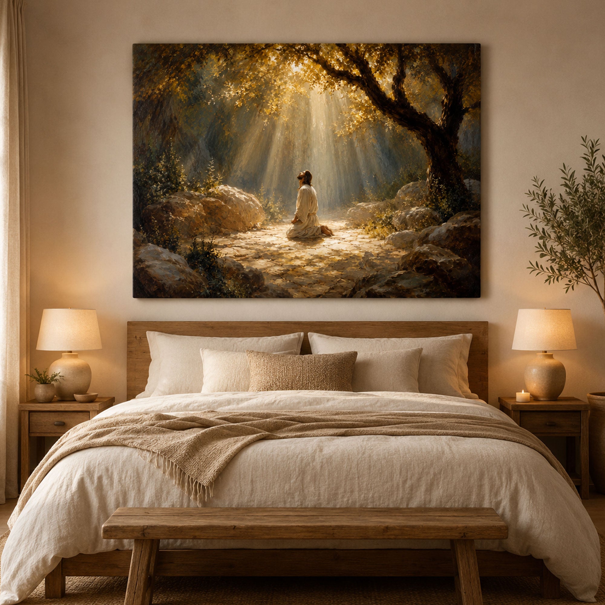 Jesus Praying in Gethsemane Canvas Print, Christian Wall Art, Divine Light Faith Home Decor