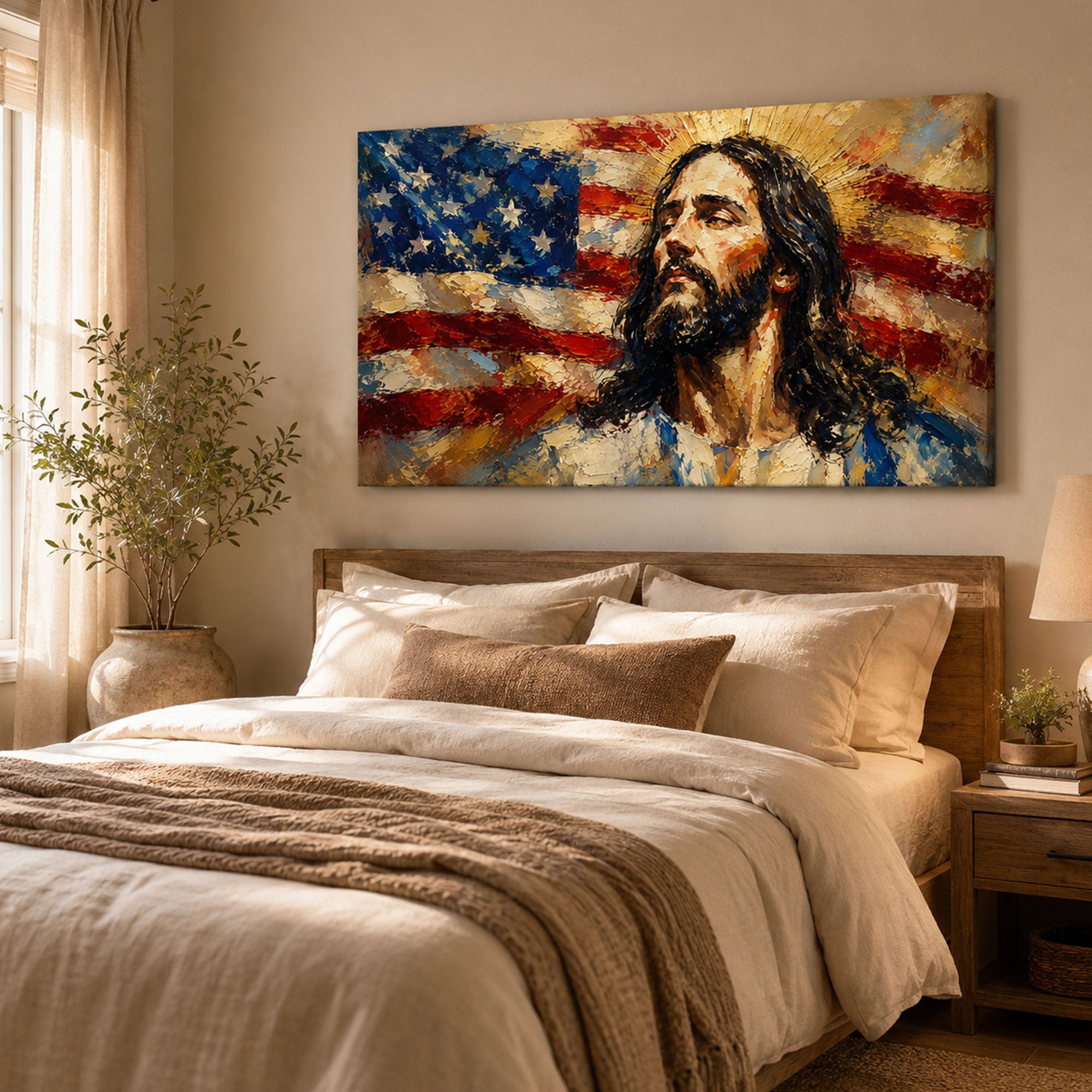 Jesus with American Flag Canvas Print, Patriotic Christian Wall Art, Faith and Freedom Home Decor