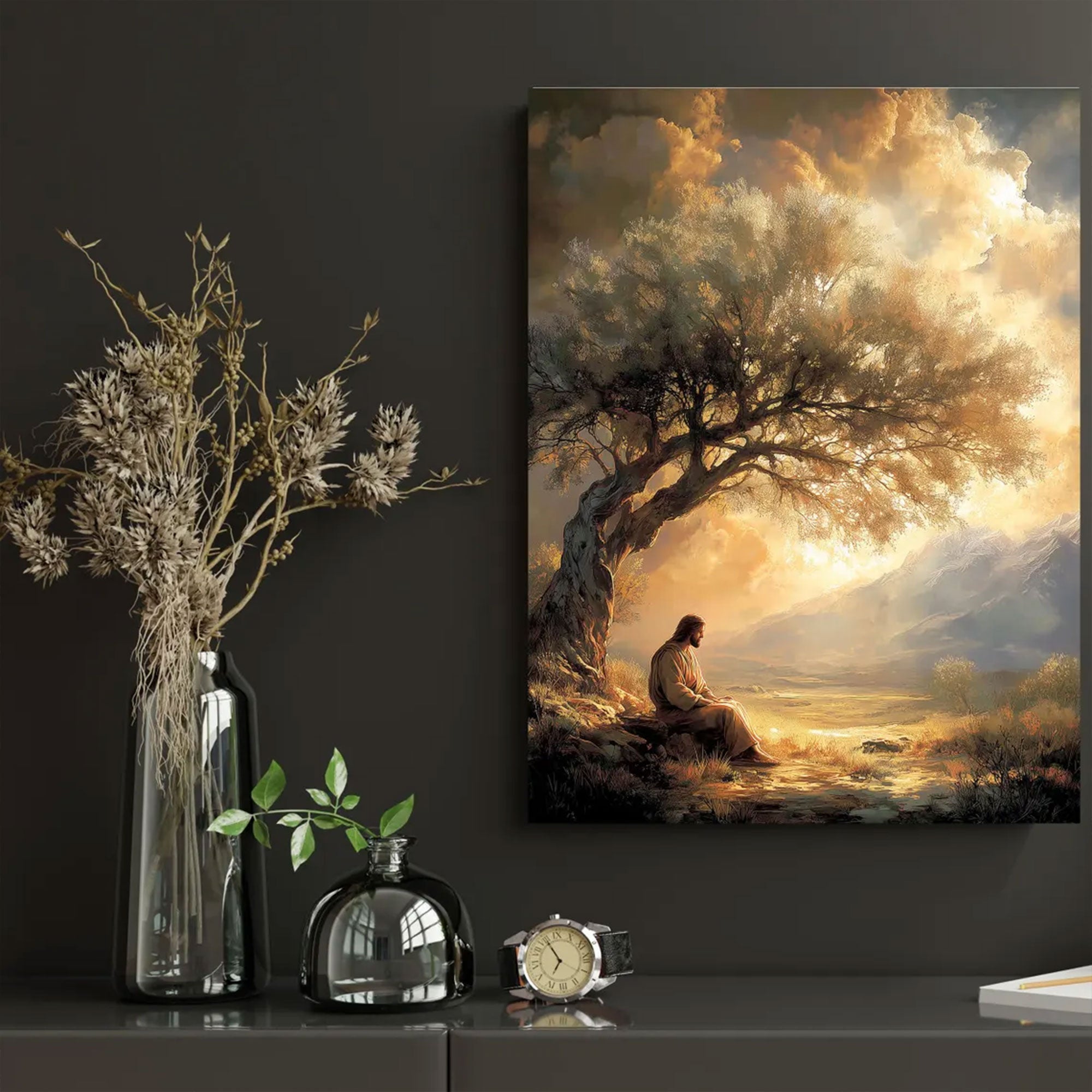 Jesus Praying Under Tree Canvas Wall Art, Christian Faith Landscape, Religious Home Decor