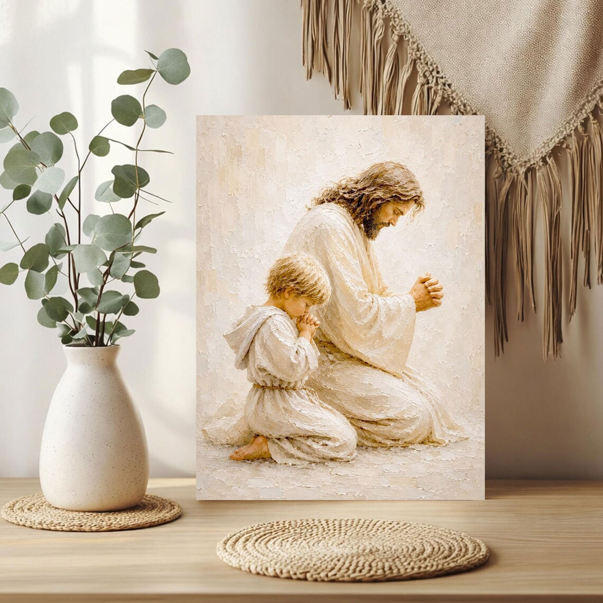 Jesus Praying With Child Canvas Print, Christian Family Prayer Wall Art, Peaceful Faith Home Decor