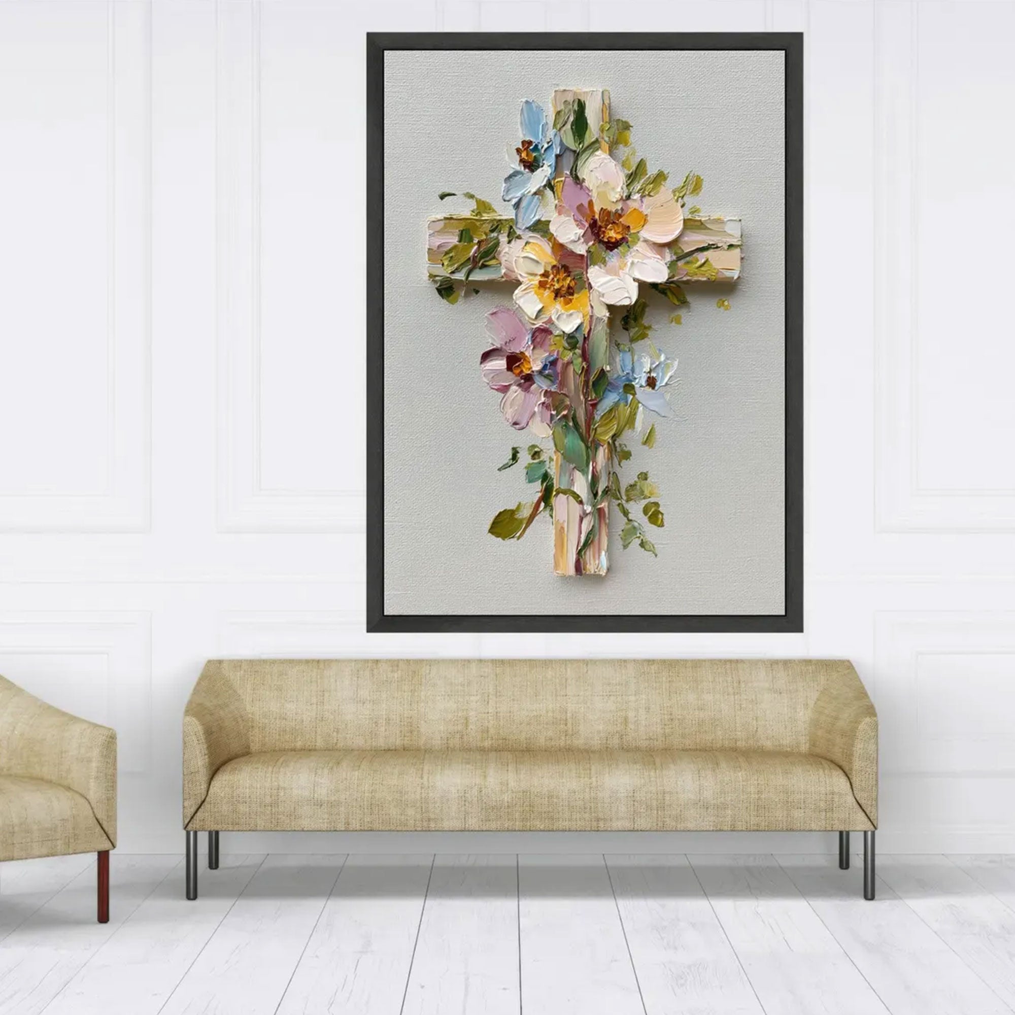 Floral Cross Canvas Print, Rustic Christian Wall Art, Flower Cross Religious Decor, Spiritual Home Decoration, Inspirational Faith Gift