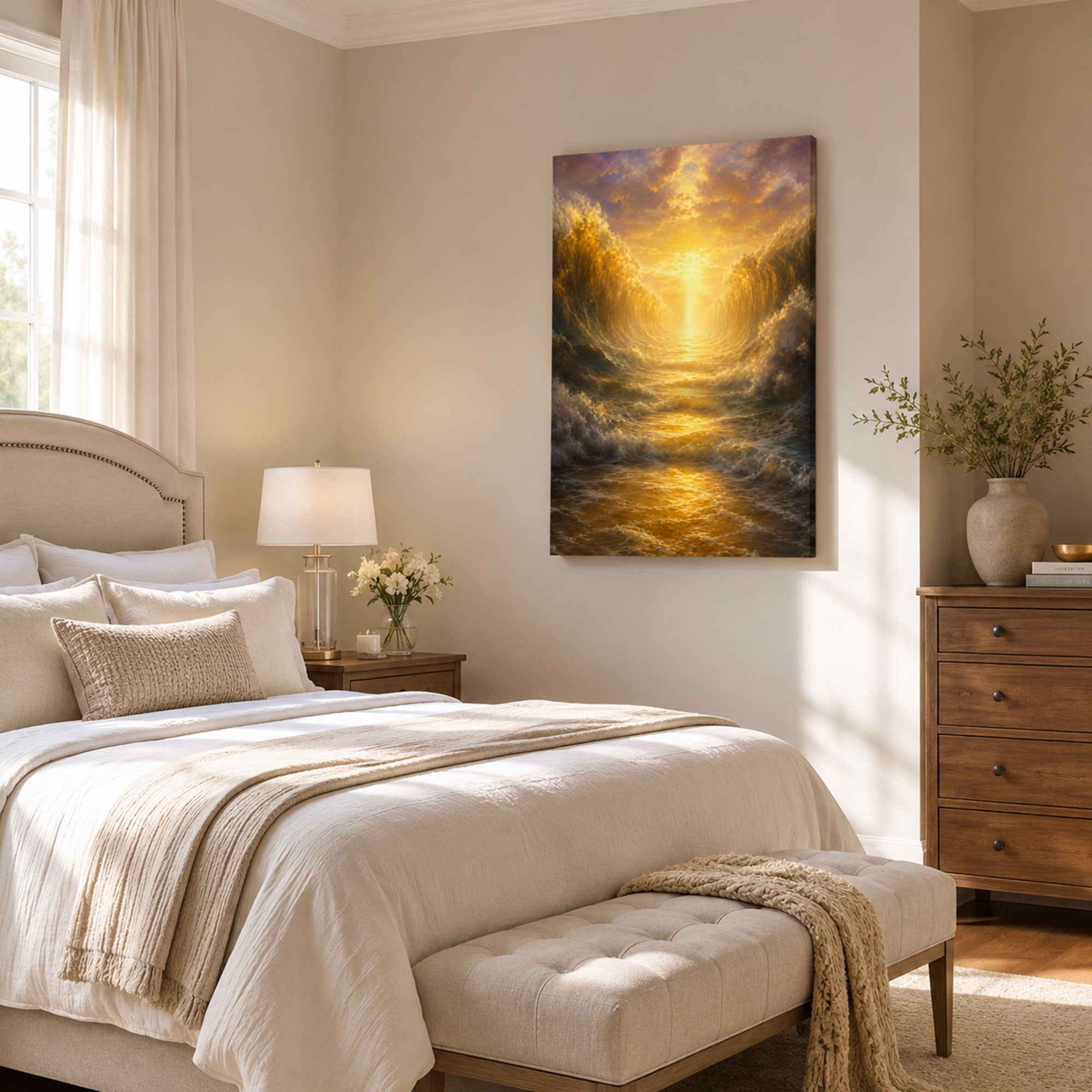 Parting of the Red Sea Canvas Print, Biblical Miracle Wall Art, Golden Light Christian Faith Home Decor Gift