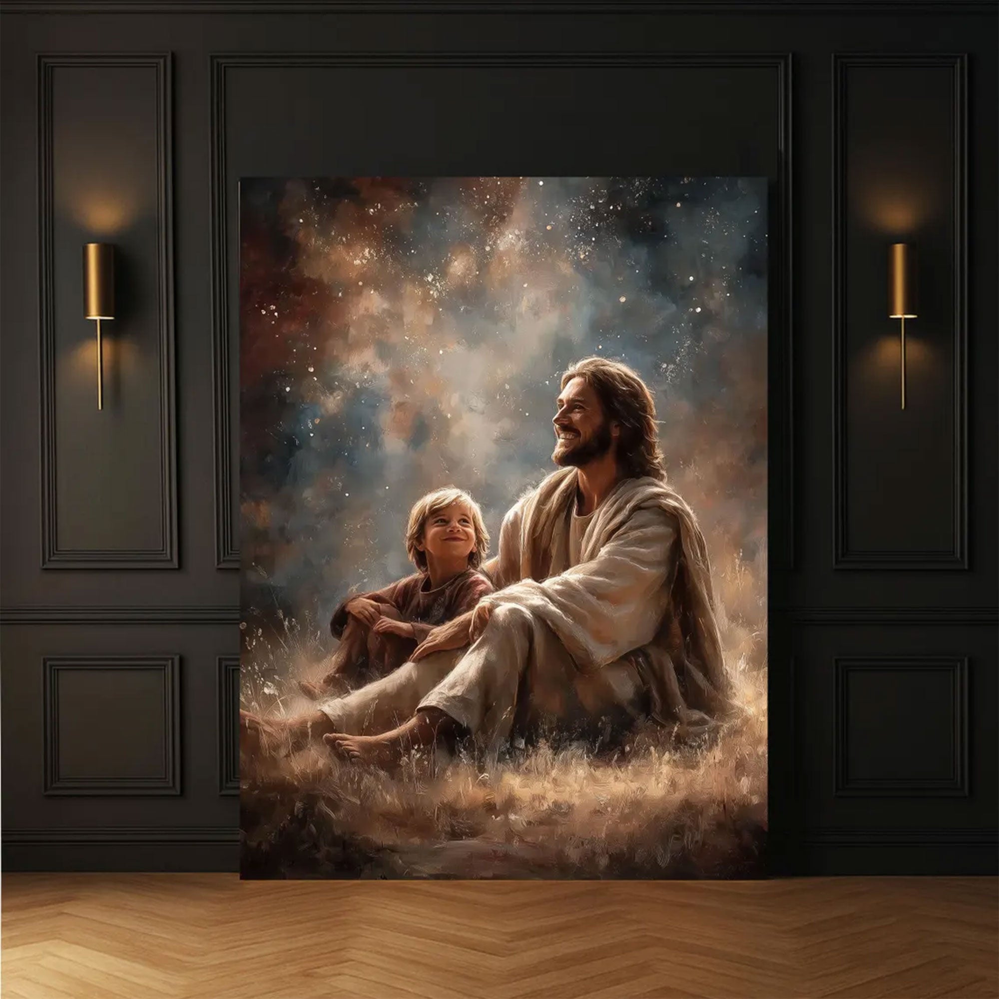 Jesus with Child Under Stars Canvas Print, Christian Faith Wall Art, Religious Home Decor