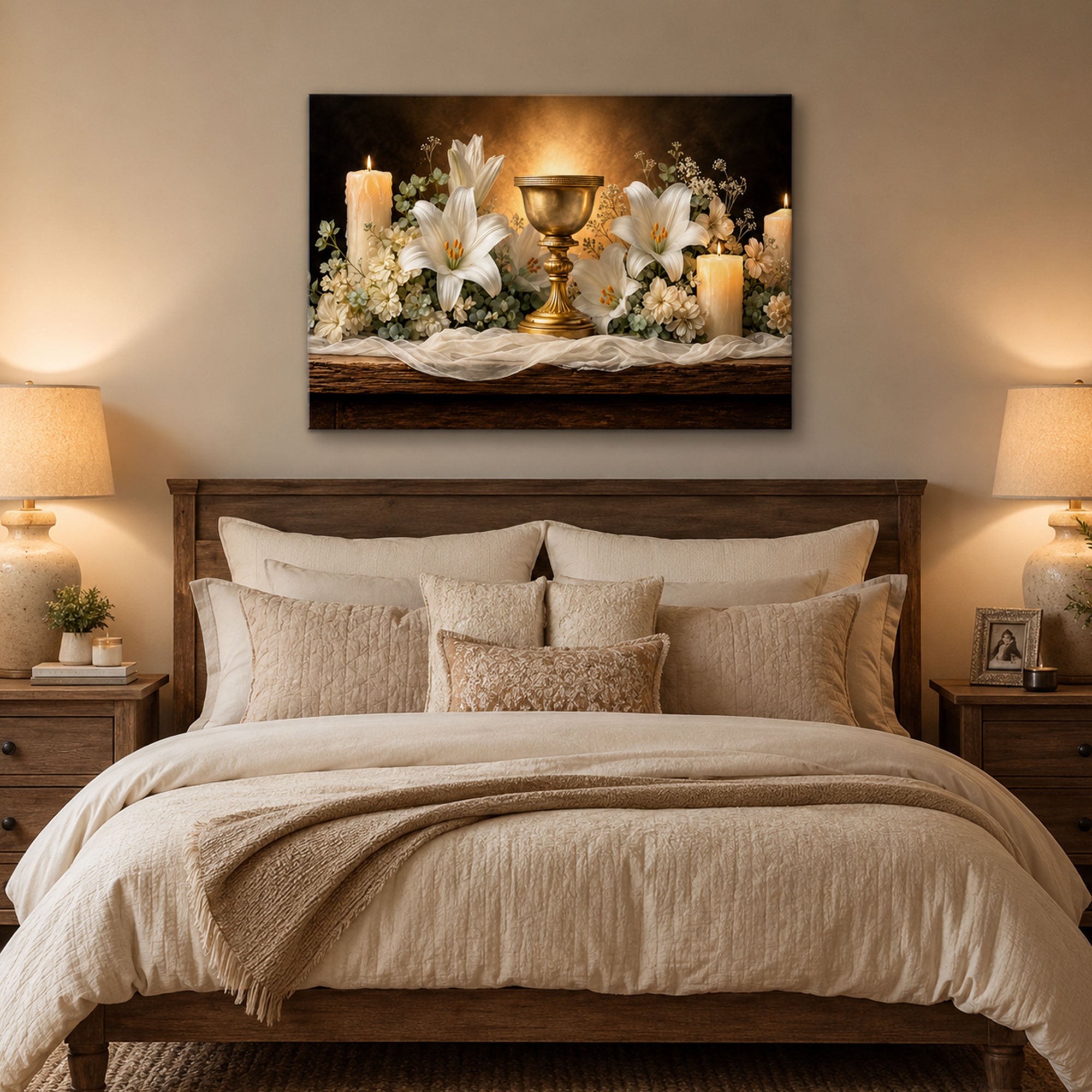 Holy Eucharist Panoramic Canvas Print, Chalice and Lilies Catholic Wall Art, Faith Home Decor Gift