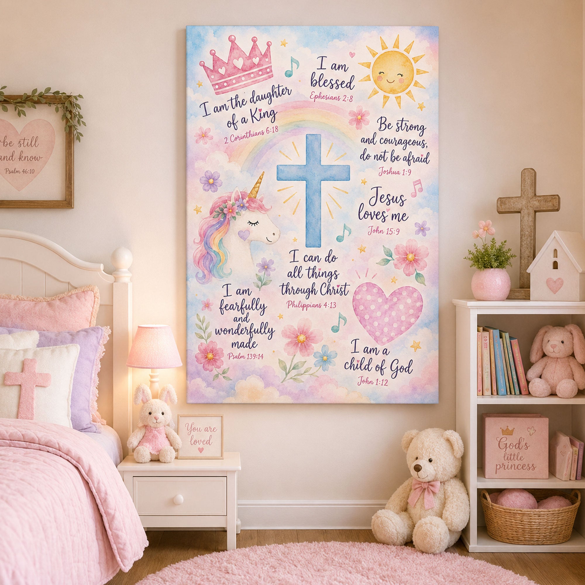 Christian Girls Nursery Wall Art Bible Verse Affirmation Canvas Print Pink Pastel Watercolor Faith Decor