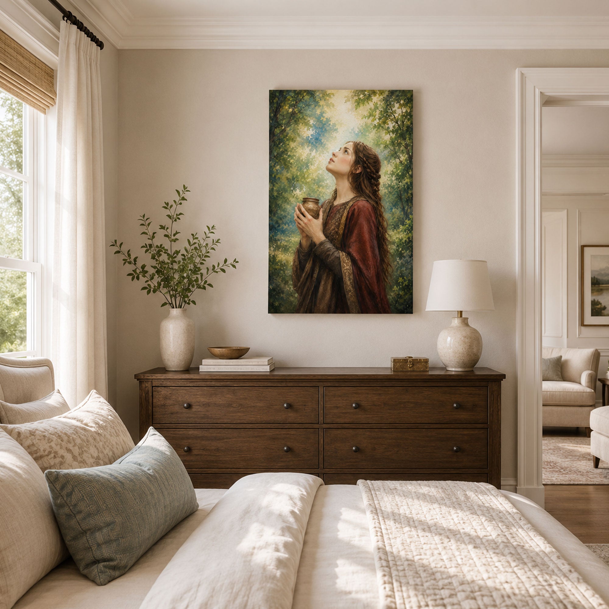 Mary Magdalene in the Forest Canvas Print, Light Through the Trees Catholic Decor