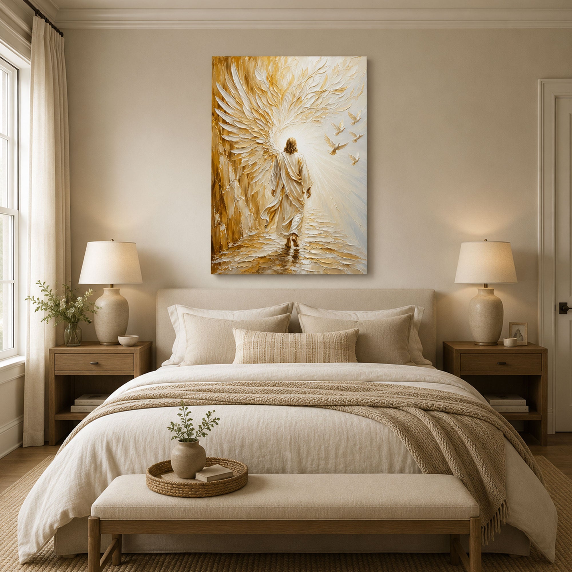 Jesus Walking into Heaven Canvas Print, White Gold Christian Wall Art, Faith Home Decor Gift